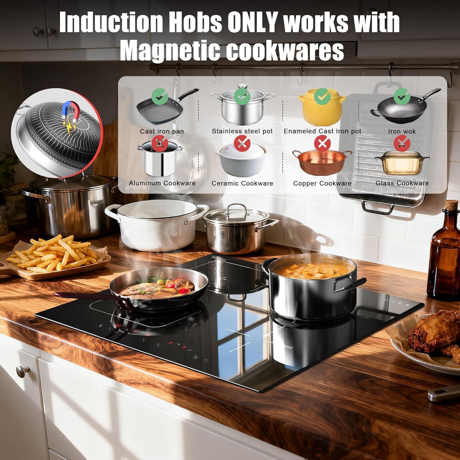 Karinear Flex Induction Hob with 99 Min Timer Safe Lock Black,4 Ring Electric Hob 60cm with Hard Wire(7200W) - Image 8
