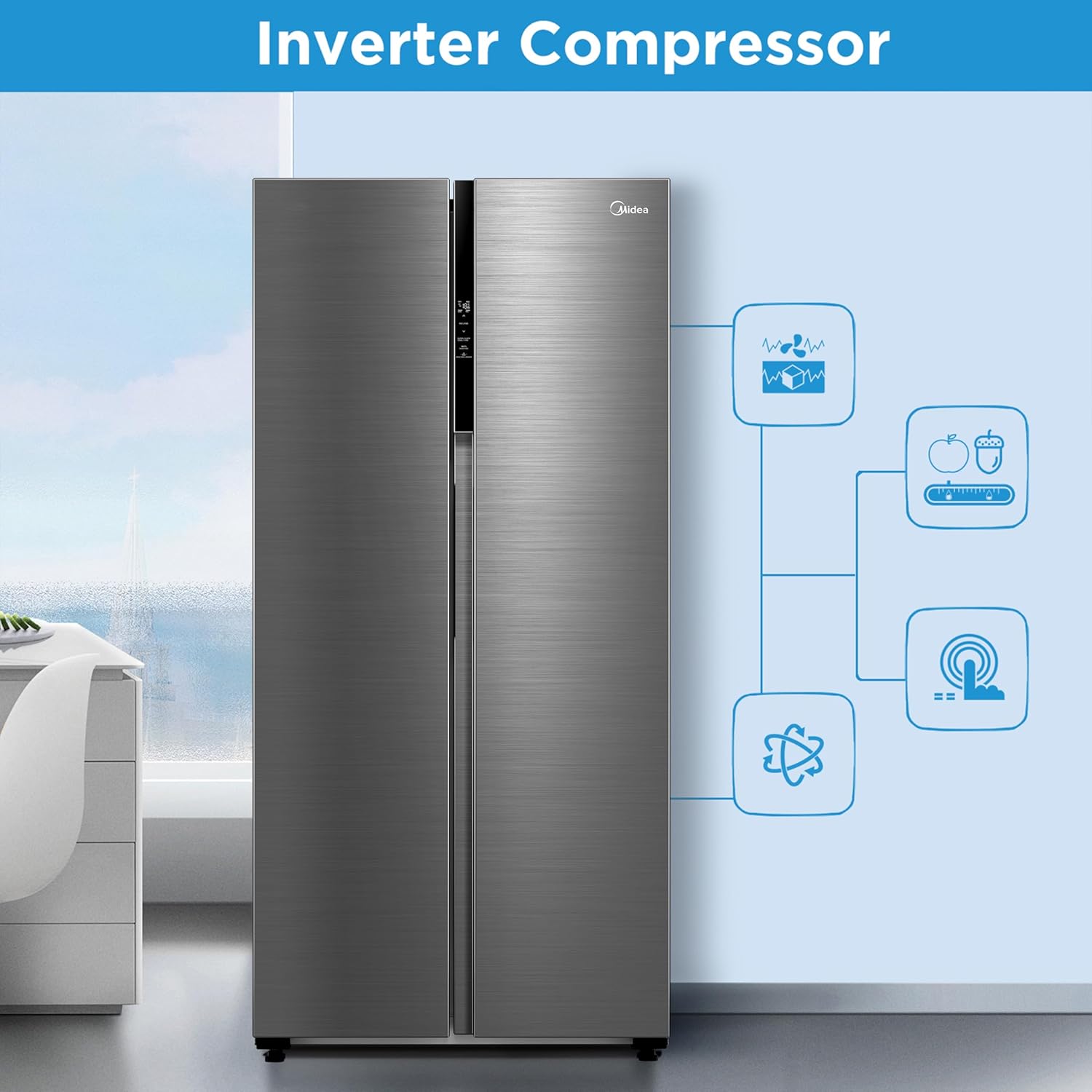 Midea MDRS619FIE46 460L American Side-By-Side Fridge Freezer, Total No Frost, WiFi Smart Control, PlasmaPure Fresh System, 271L Fridge, 189L Freezer, 83.5W x 63.5D x 177.5H cm, Stainless Steel - Image 6