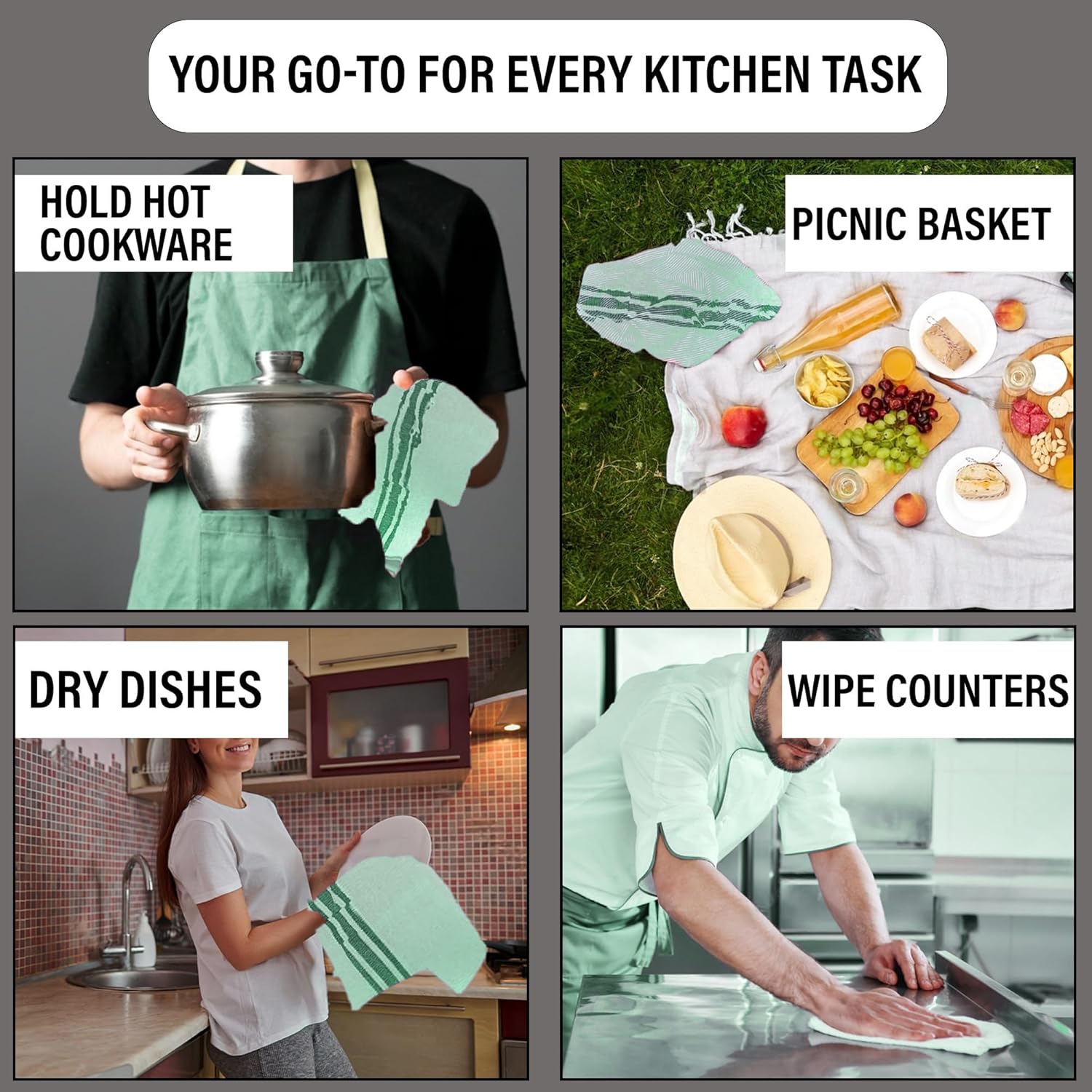 Pack of 12 Kitchen Towel's–100% Cotton, Large 20” x 30” (50cm x 76cm) Dish Towels - Ultra Absorbent, Durable, Washable Green - Image 2