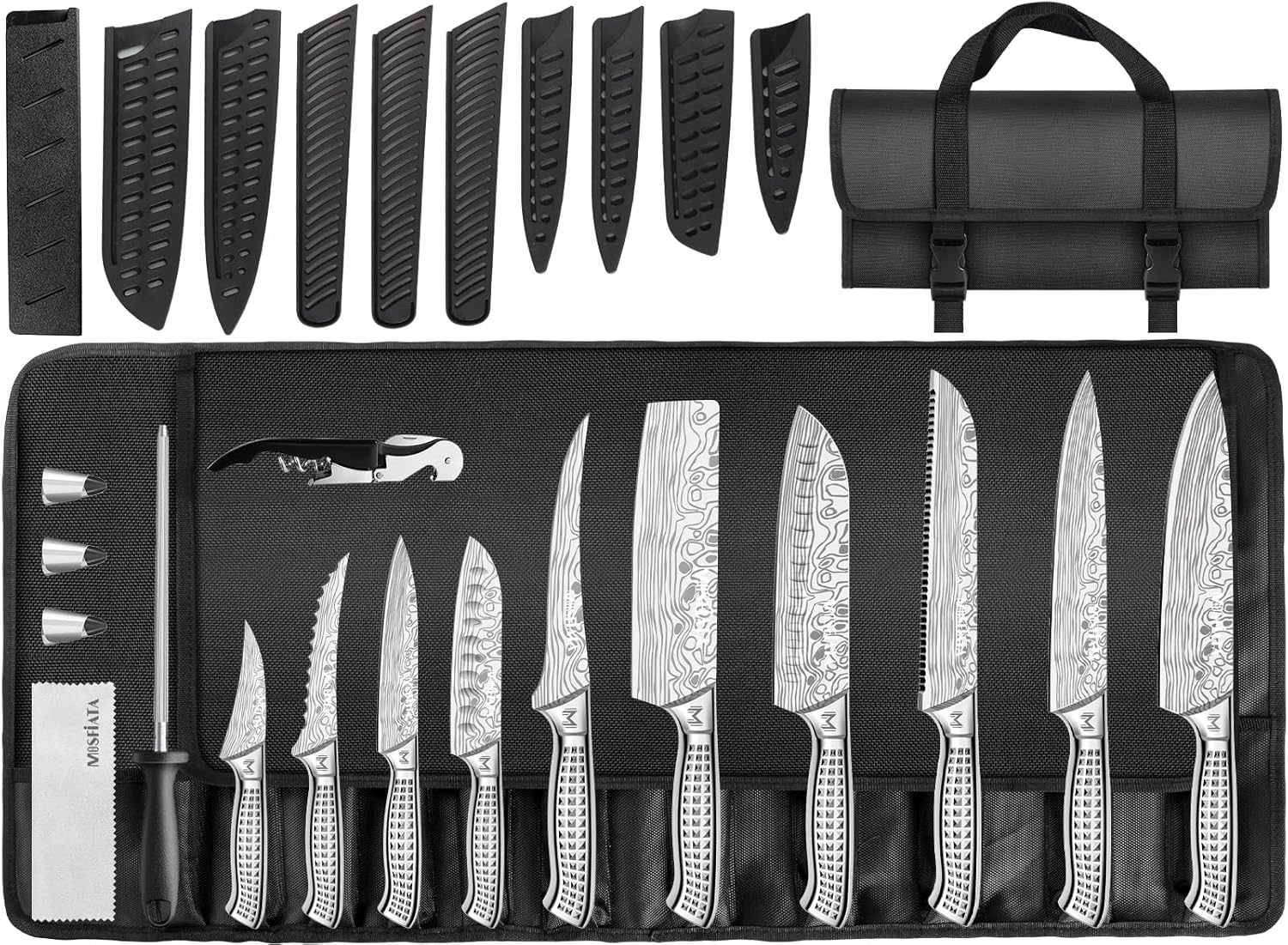 MOSFiATA Chef Knife Set, 17PCS Portable Sharp Kitchen Knife Sets, High Carbon Japanese Stainless Steel Professional Chef Knives Set with Knife Roll Bag Sharpener Gifts for Man Family Restaurant