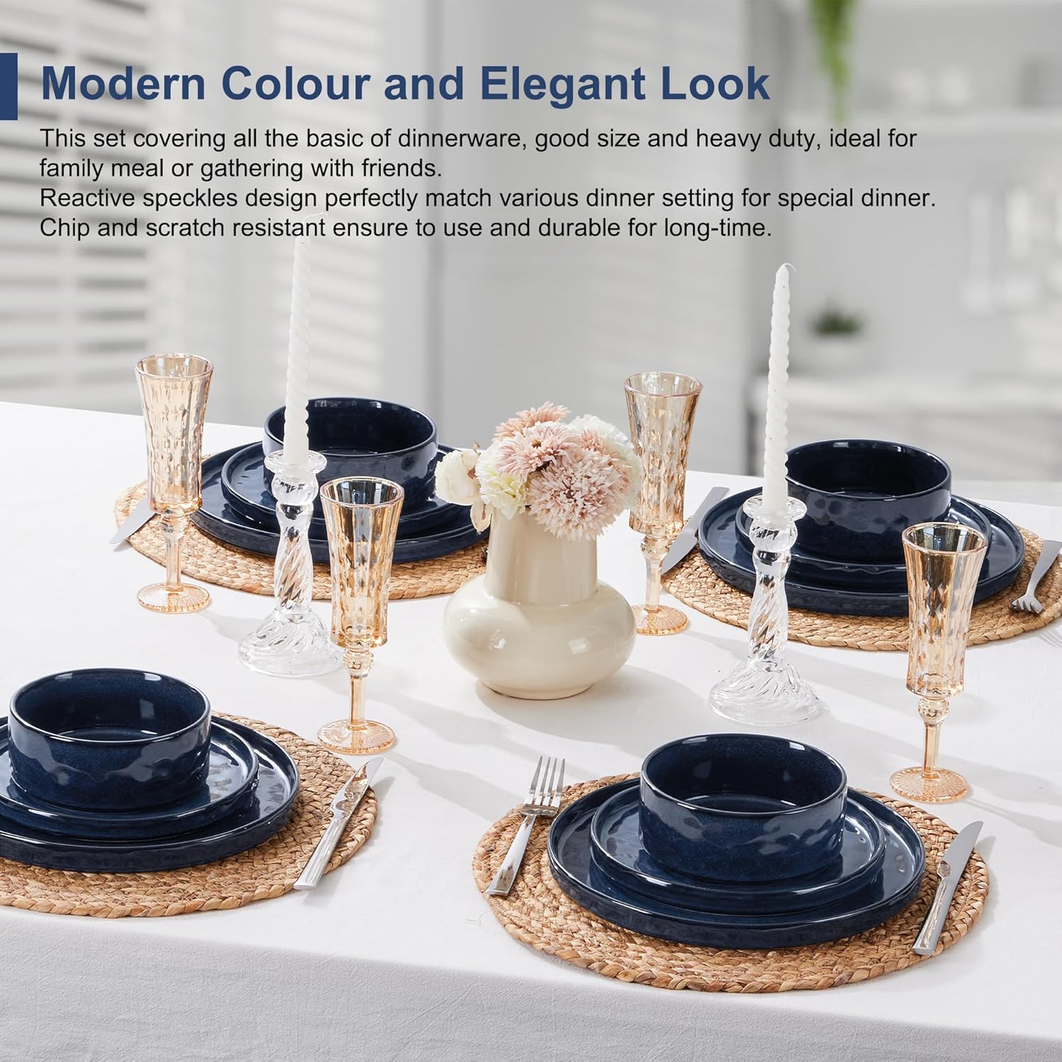 Herogo 12 Piece Dinner Set, Stoneware Dinnerware Sets for 4 People, Reactive Glaze Dining Plates and Bowls, Microwave and Dishwasher Safe, Chip and Scratch Resistant, Nebulas Blue - Image 6
