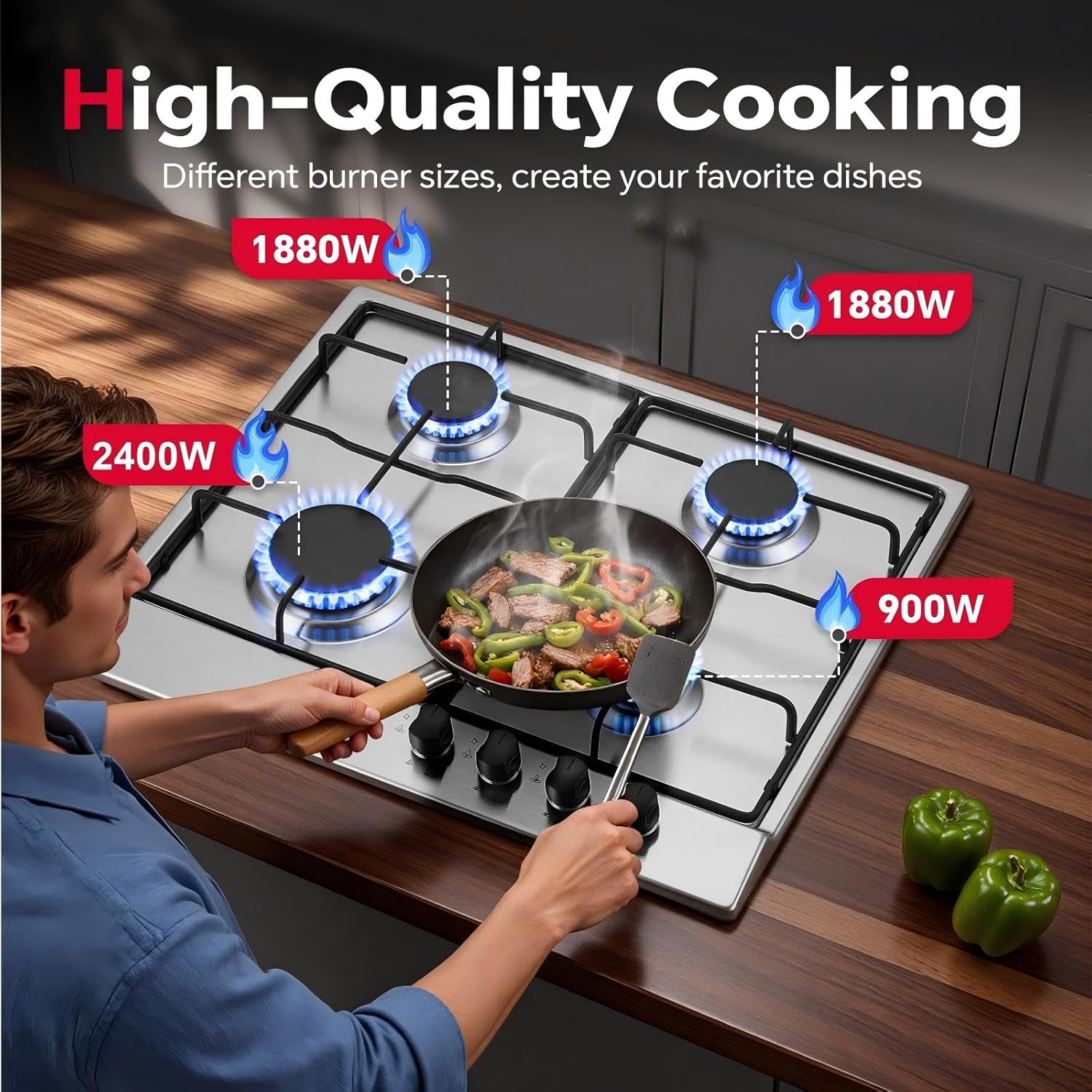 SNDOAS Gas Hob 4 Burners, 60cm Stainless Steel Cooktop, Built-in Gas cooker Hob, 7060W, NG/LPG Convertible, Silver Metallic Finish with Automatic Ignition - Image 2