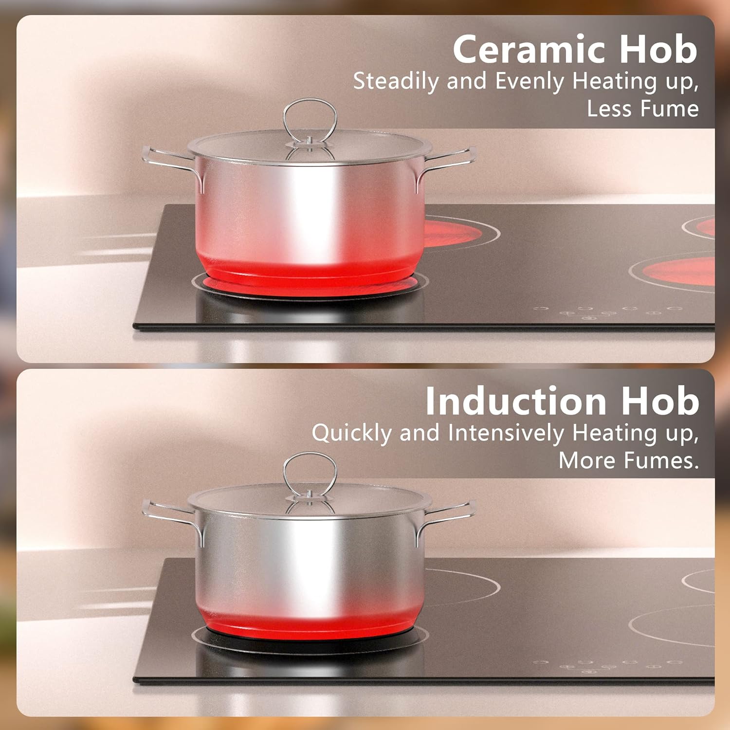 NOXTON Ceramic Hob, Built-in 4 Zone Electric Hob Cooker 60cm Unrestricted Pans 9 Power Level Heat Evenly Black Glass Touch Controls Safe Lock Heat Indicator - Image 4