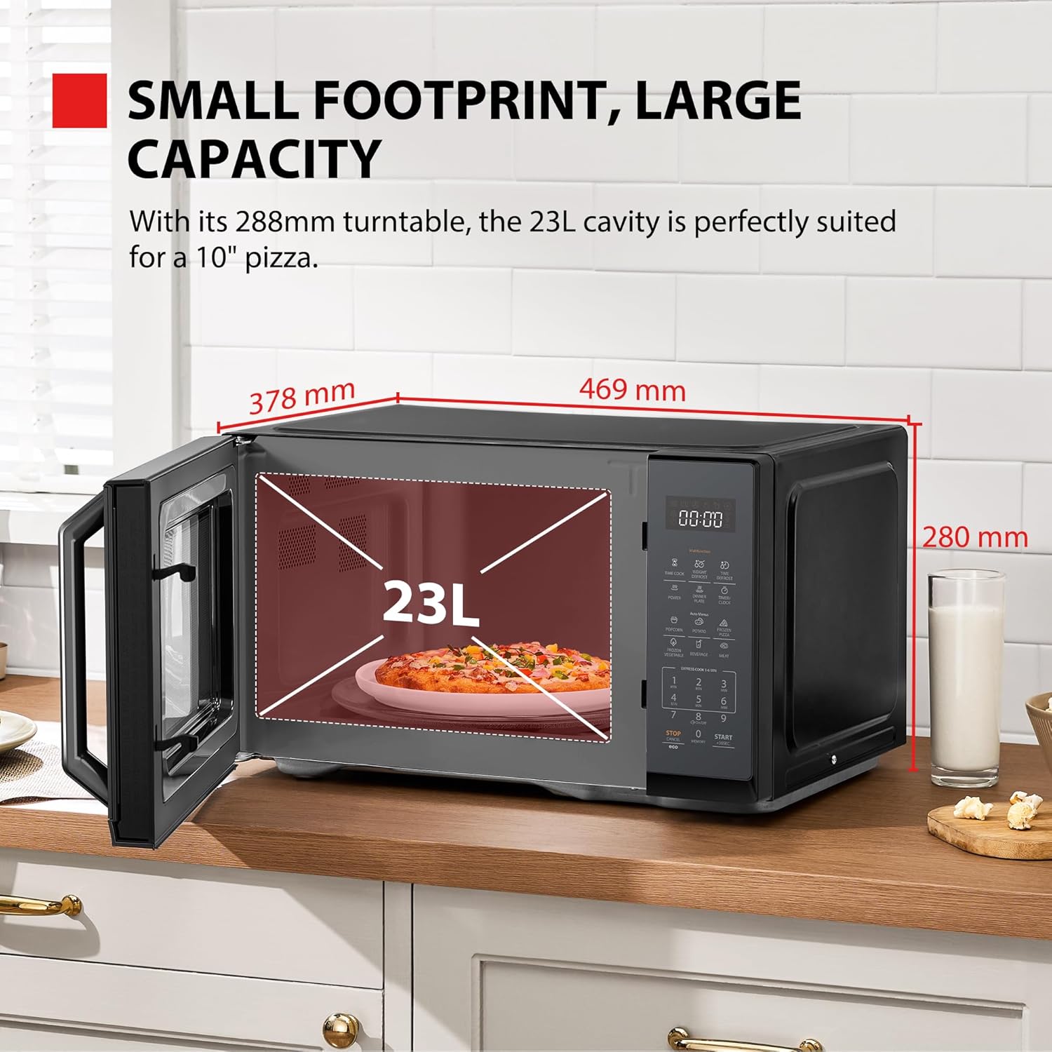 Toshiba Black Mirror Microwave 900w 23L Microwave Oven with Digital Display, Solo, Auto Defrost, One-touch Express Cook with 11 Power Levels, 7 Auto Menus, Perfect for 10'' pizza, MW3-EM23PF(MB) - Image 2