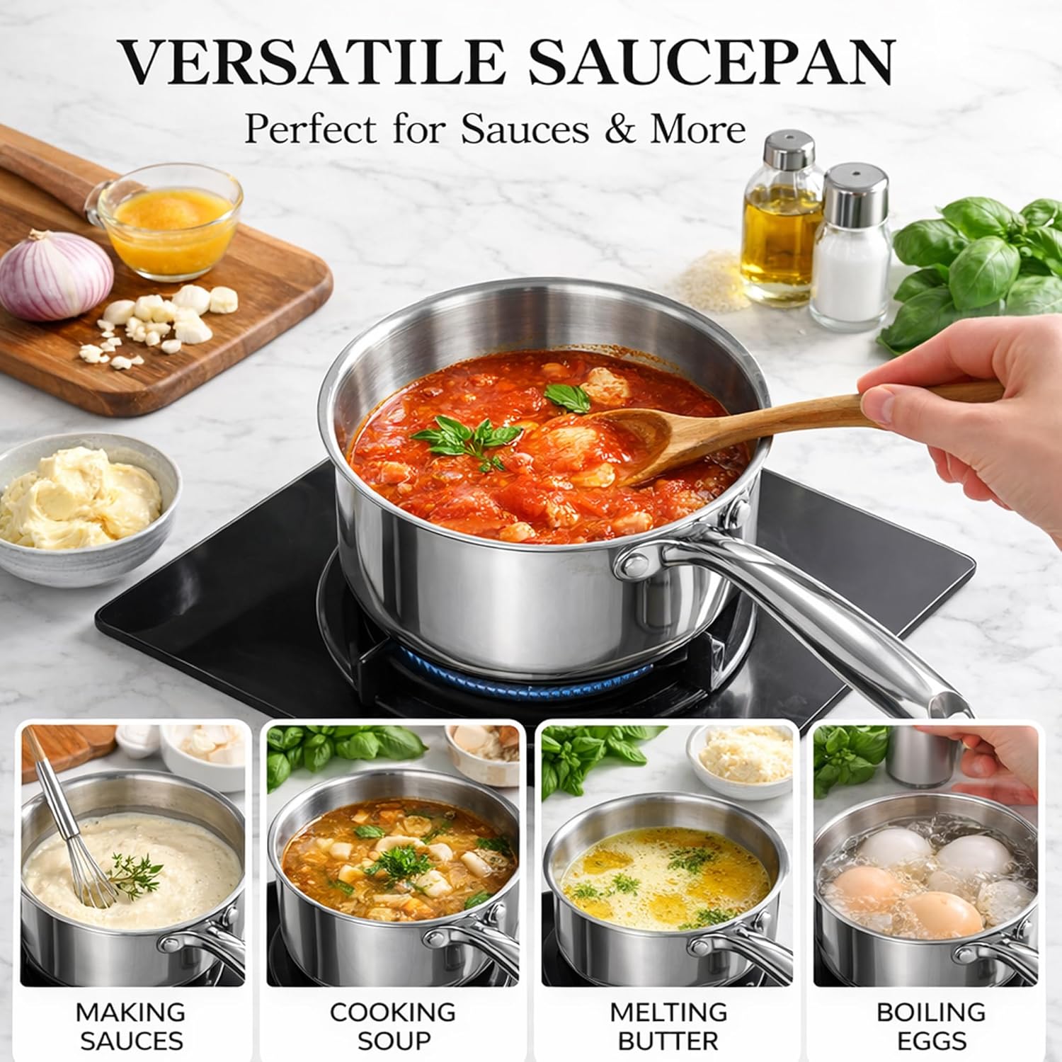 12PC Cookware Set - Saucepan Frying Pan Casserole Stainless Steel Cookware Non Stick Kitchenware Glass Lids Strong Quality Long Lasting & Durable - Image 5