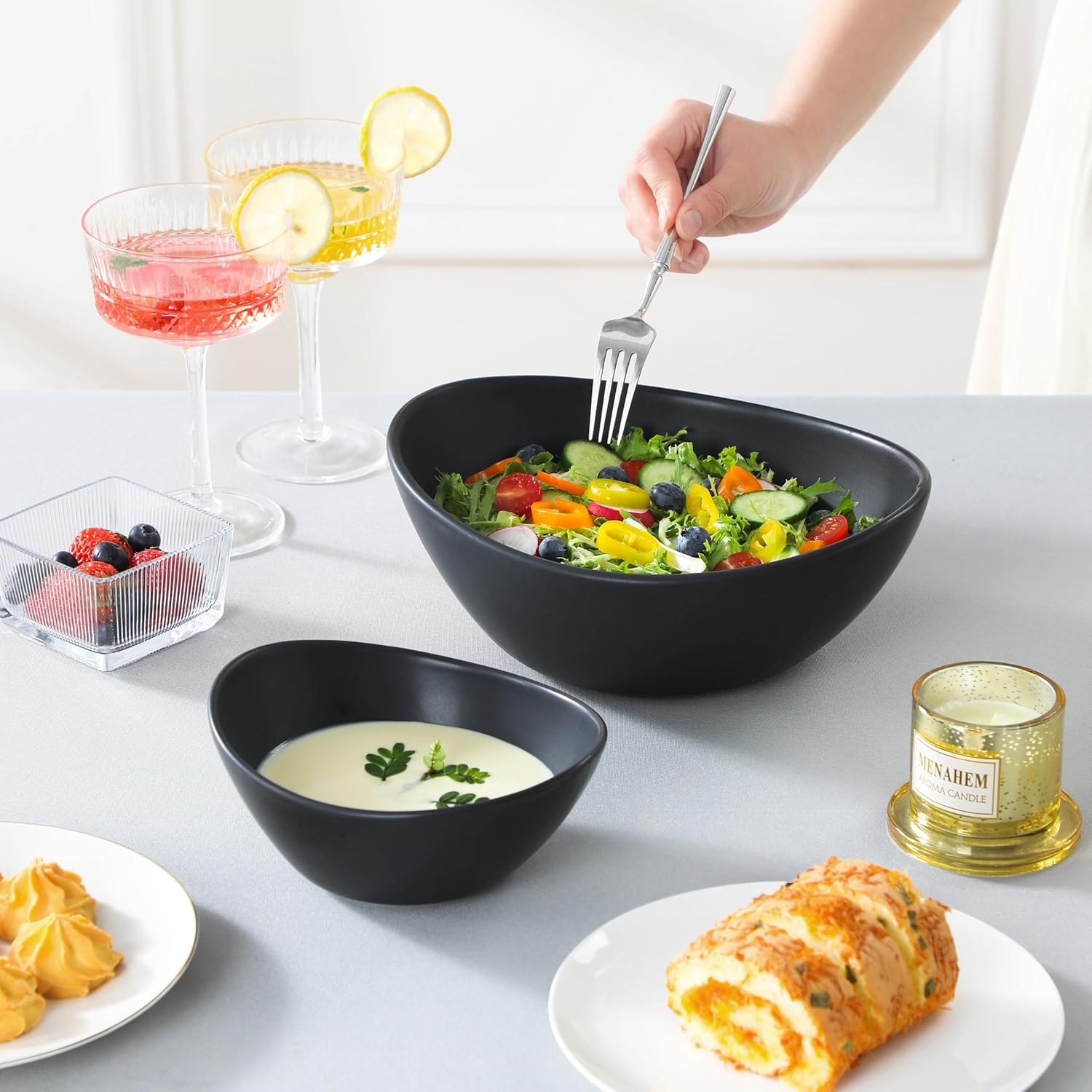 MALACASA 2 Tier Chip and Dip Serving Set with Metal Stand,Ceramic Appetizer Bowls for Party, Multi-Use Food Display for Fruits, Snacks, Black Elegant Tiered Serving Dishes for Party - Image 7