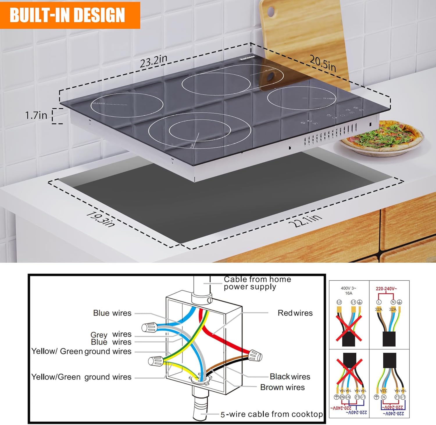 Karinear Ceramic Hob, 60cm Built-in 4 Zones Electric Cooktop with Dual Oval Zone 6600W, Hard Wired, No Plug Included - Image 6