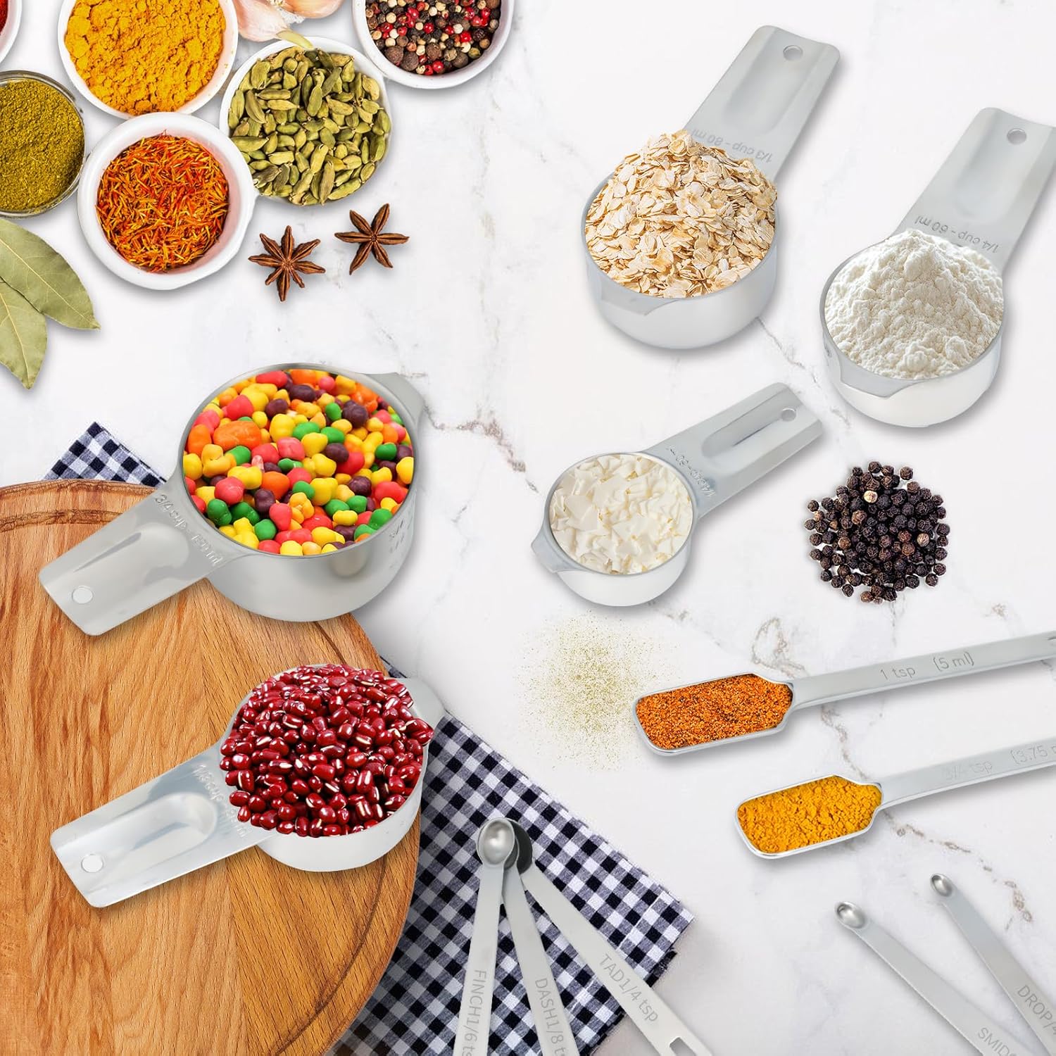 Stainless Steel Measuring Cups & Spoons Set of 20 - Includes 7 Nesting Cups, 7 Narrow & 5 Mini Measuring Spoons with Leveler Fits Spice Jars, Engraved Markings for Dry & Liquid Ingredients - Image 9
