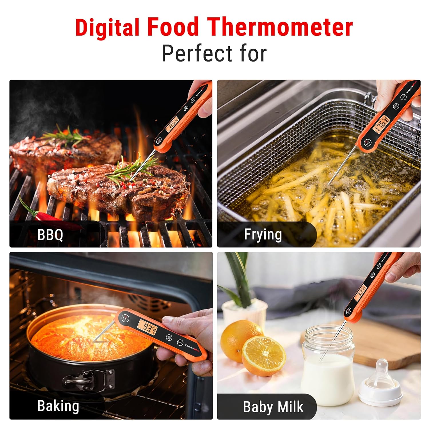 ThermoPro TP03H Meat Thermometer with IPX6 Waterproof, Food Thermometer Foldable Food Temperature Probe with LCD Backlight Calibration Lock Fuction, Kitchen Digital Instant Read Probe for Oil Jam Milk - Image 6