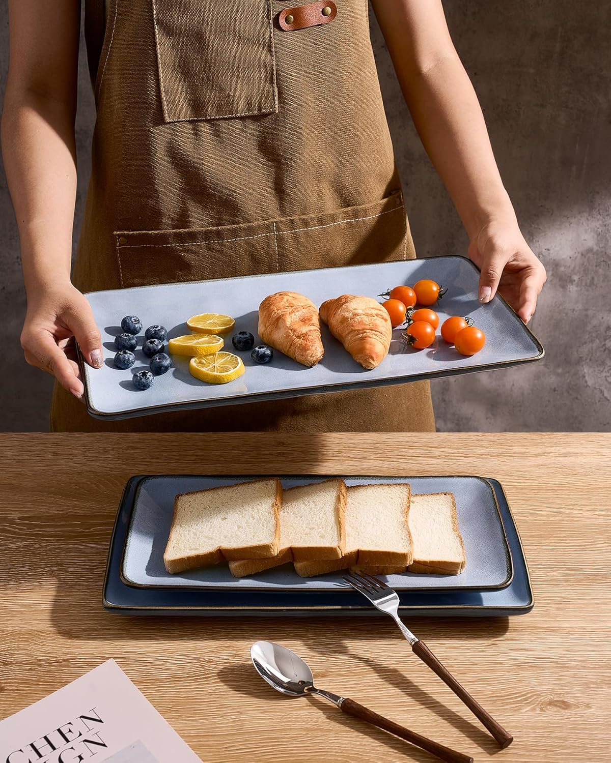Richmount Ocean Serving Platter, Rectangular 15.59/14.3/12.9 inch Serving Dishes for Entertaining, Serving Bowls, Microwave Safe, Stoneware Serving Trays for Party, Turkey, Cheese, Blue - Image 2