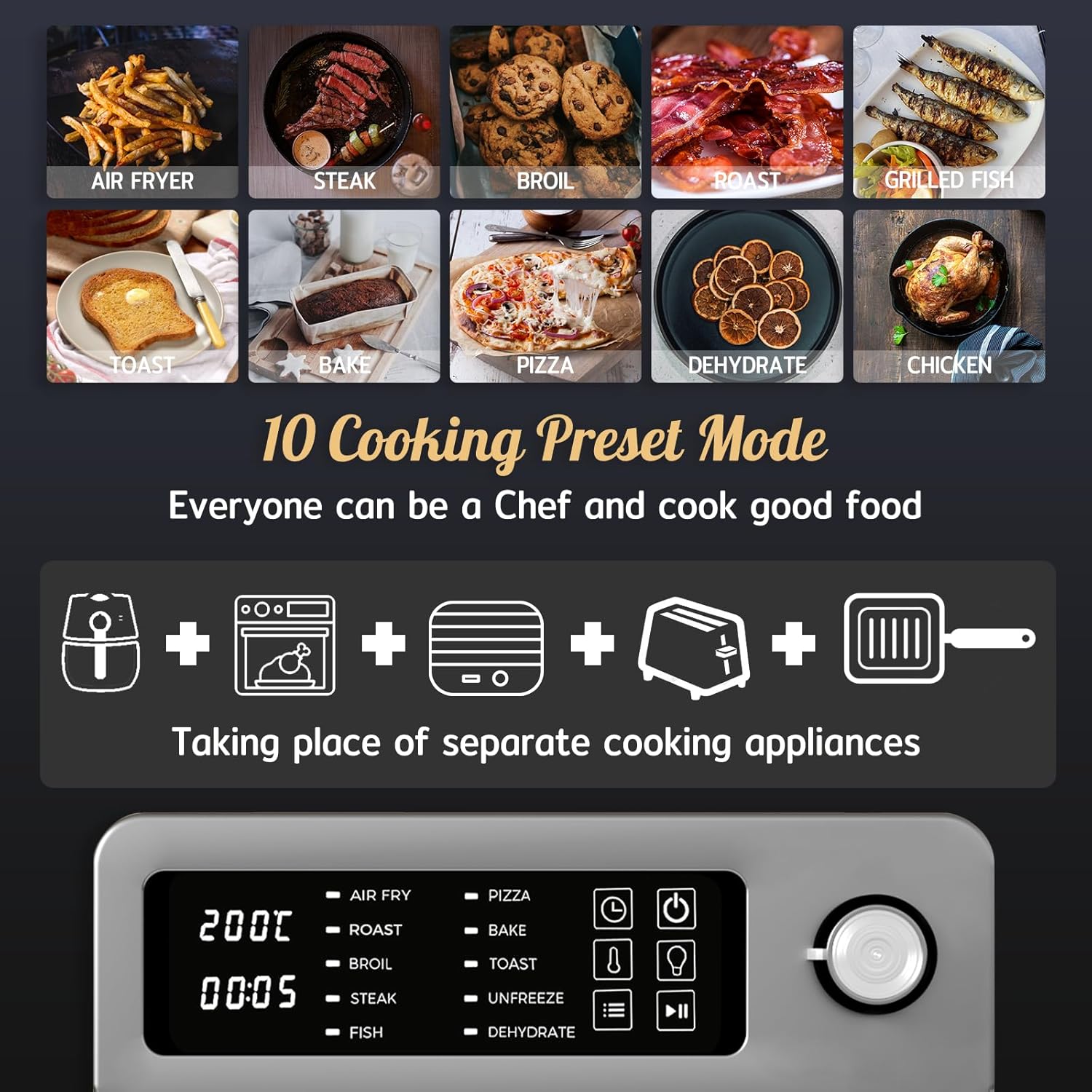 HYSapientia® 15L Large Air Fryer Oven For Family Digital Knob 1700W 10 in 1 Airfryer Toaster Air Convection Mini Oven electric and grill,Fast Cooking,Cookbook - Image 7