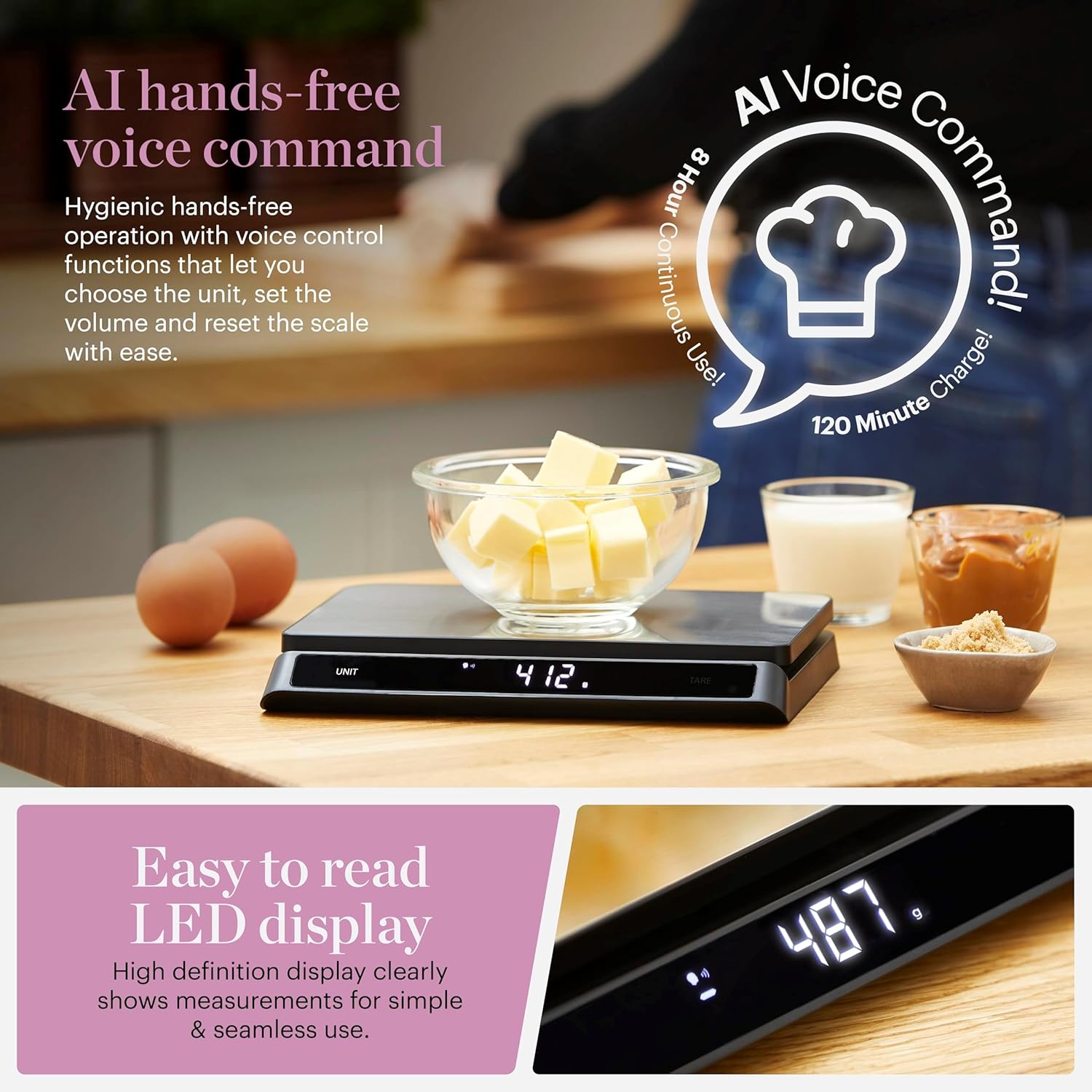 GF876009 Good Food in partnership with Tower Digital Intelli Kitchen Scale, Voice Control, LED Display, USB Rechargeable, 15kg Capacity, Black & Stainless Steel, 19.45 - Image 3