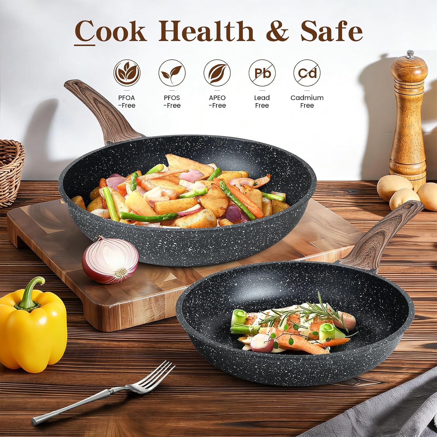 Terlulu Induction Hob Pots and Pans Set - 13pcs Nonstick Cooking Pans Set, Black Granite Cookware Set with Lid, Non Stick Saucepan Set, Frying Pan Set, PFAS PTFE PFOA PFOS Free - Image 6