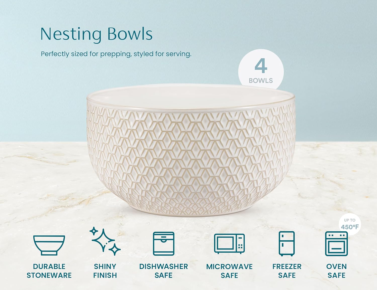 KooK Ceramic Mixing Bowls, Nesting Set of 4, Embossed Kitchen Dishware, Prep, Serving, Gift, Microwave and Dishwasher Safe, 20/44/98/145 oz, Narbonne Collection (Ivory) - Image 6