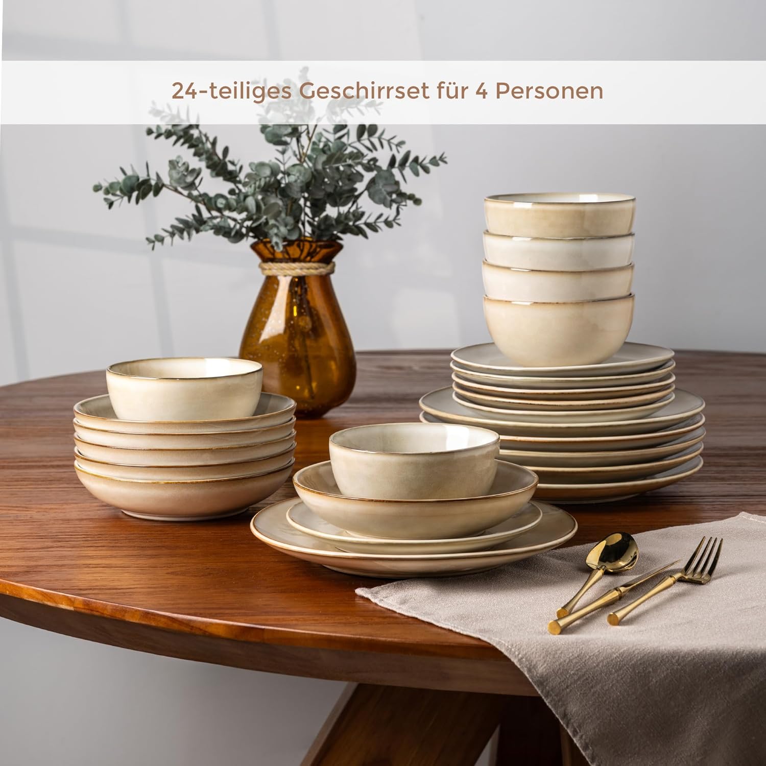 GBHOME Ceramic Dinnerware Sets for 6, 24 Pieces Handpainted Plates and Bowls Set, Scratch Resistant Stoneware Dishes Set, Dishwasher & Microwave Safe, Cappuccino - Image 3