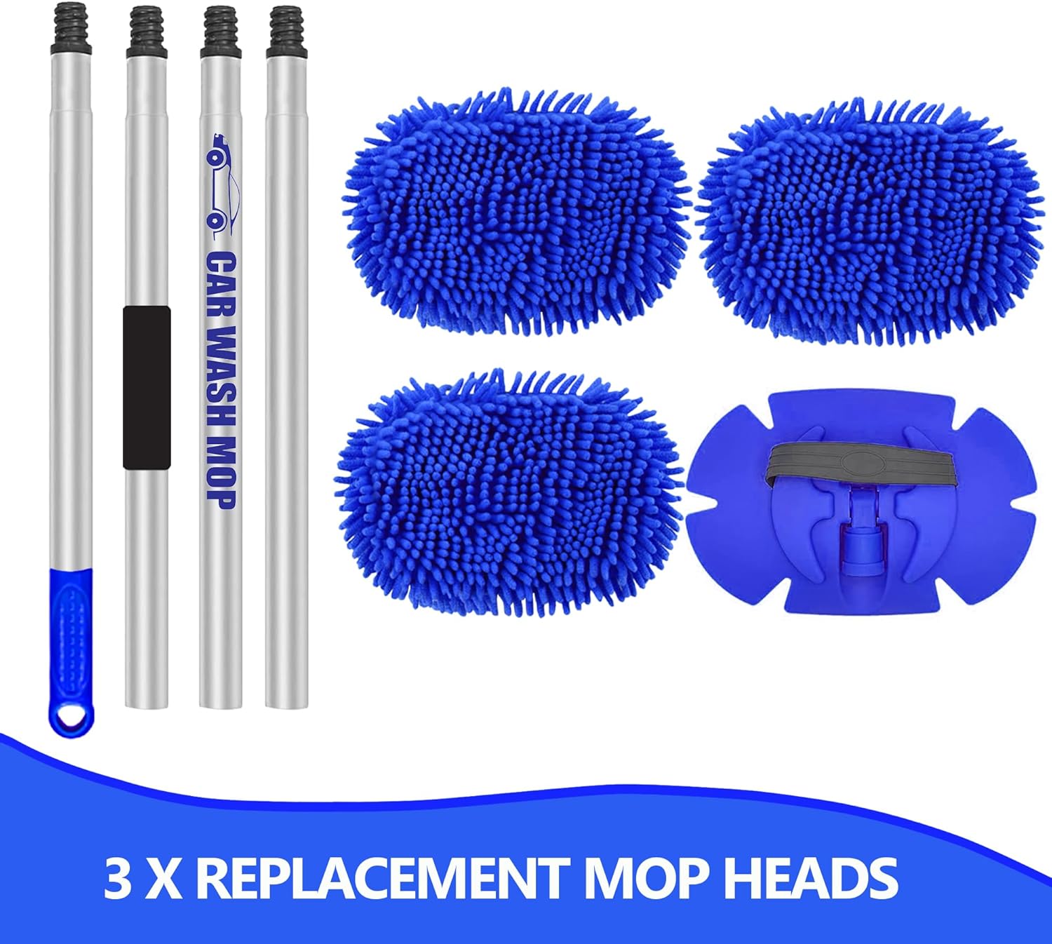 160cm 63” Long Handle Car Wash Brush Microfibre Extendable Cleaning Mop Mitt for Caravan Truck Van Tyre Window Wheel Roof 2 In 1 Interior Duster Remover Scratch Free Clean Product 3 Replacement Head - Image 3