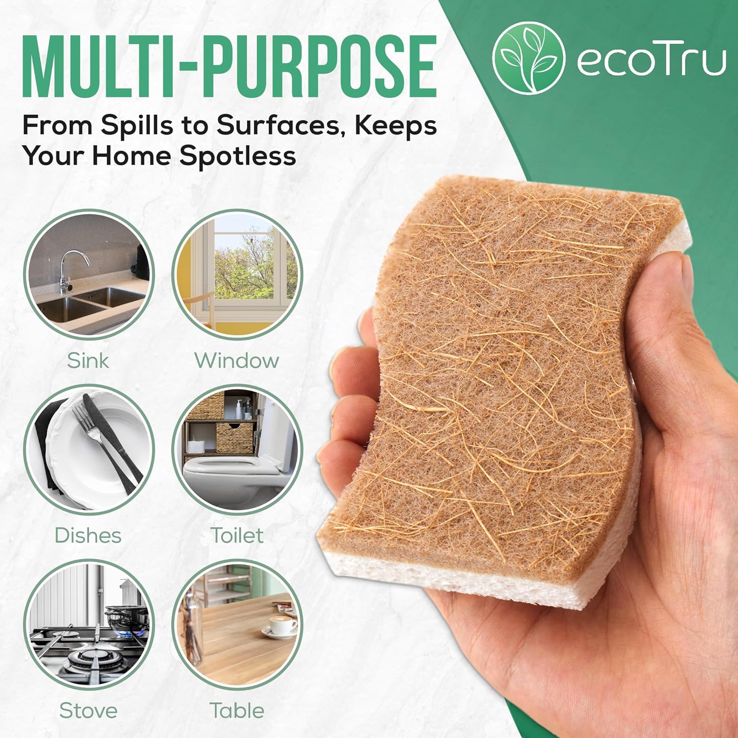 6 Pack Natural Washing Up Sponge, UK Brand Eco Friendly Kitchen Dish Cleaning Sponges, Compostable Cellulose & Coconut Eco Sponges & Scourers, Biodegradable Non Scratch for Heavy Duty Scrubbing - Image 6