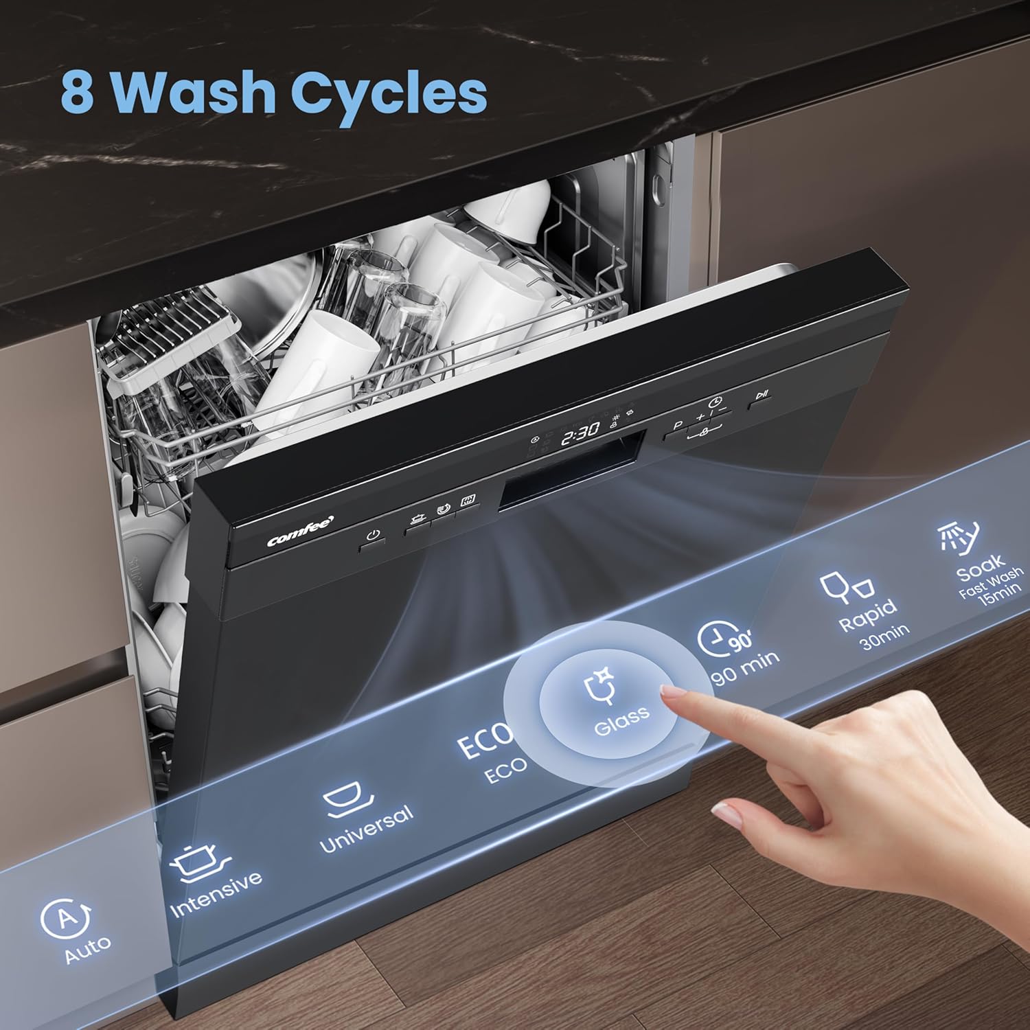 COMFEE' Freestanding Dishwasher CDWEF1435EBC-UK with 14 place settings, Full Size, Whisper Quiet 44dB, Wide LED Display, Delay Start, Half Load Function, Flexible Racks, Black - Image 4