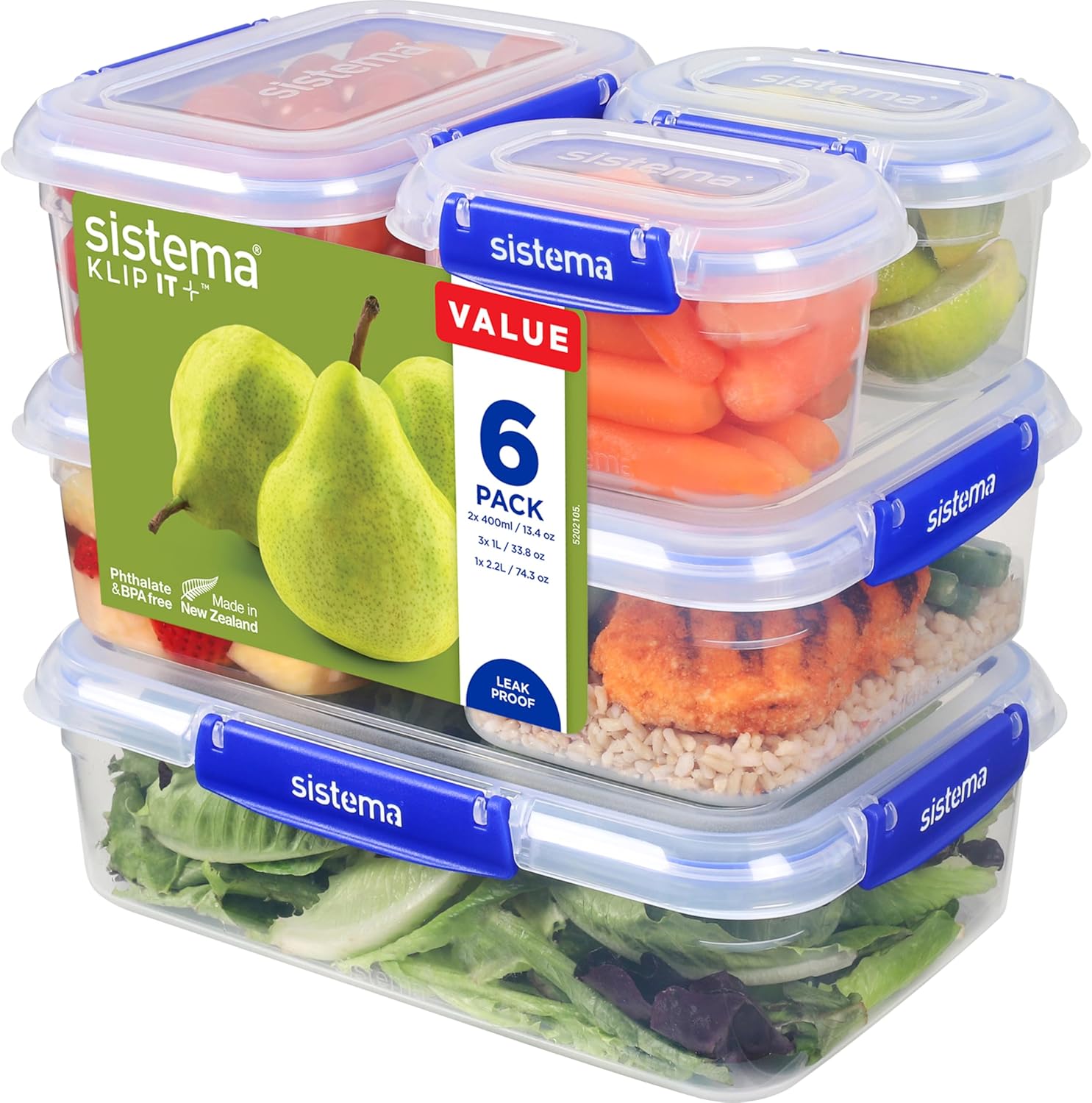 Sistema KLIP IT PLUS Leakproof Food Storage Containers | 2.2 L1 L400 ml | Airtight & Stackable Meal Prep Containers with Lids | School Lunch Boxes & Snack Boxes | 6 Count