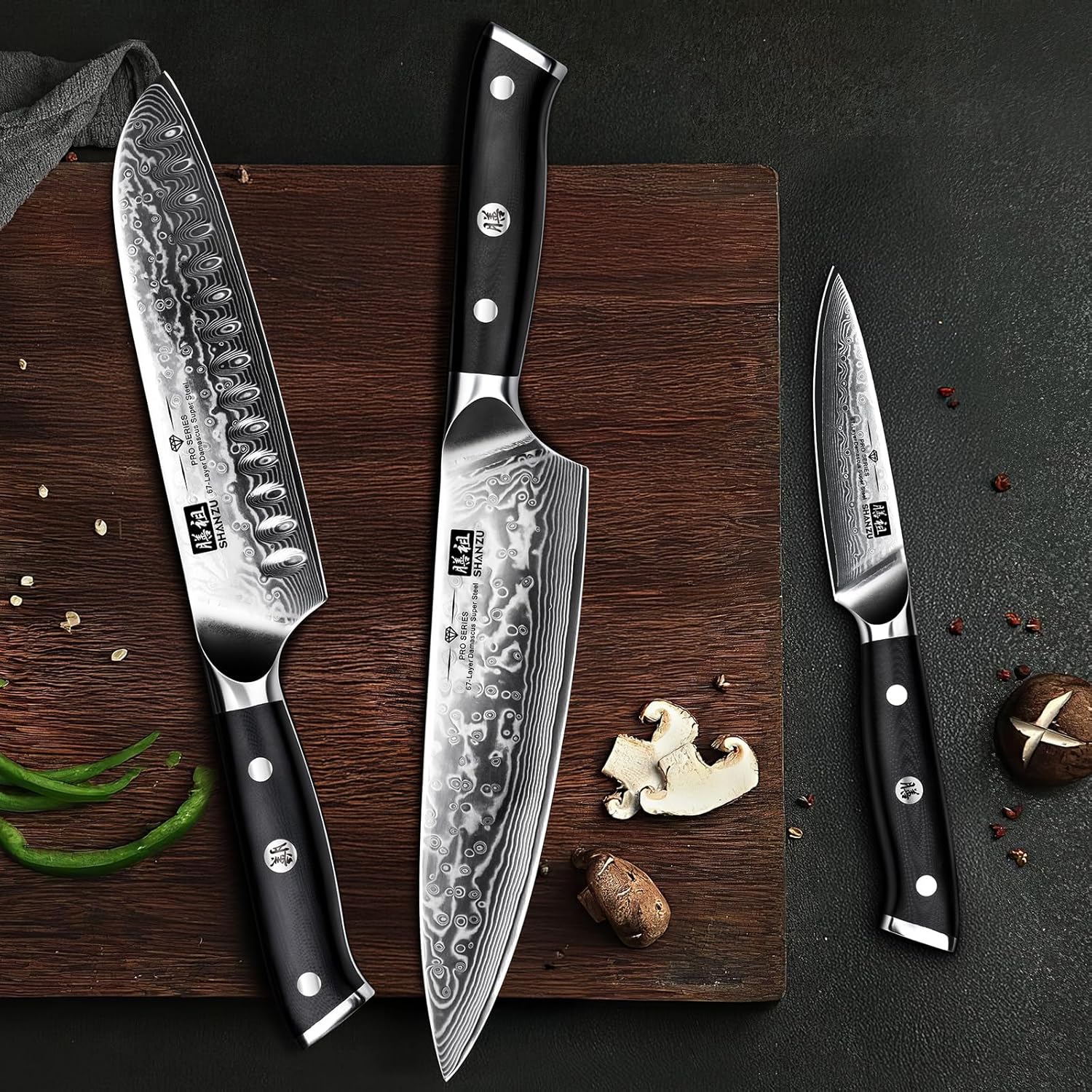 SHAN ZU Damascus Knife Set of 3 PCS, Japanese Damascus Steel 67 Layers Kitchen Knives Set High Carbon Professional Ultra-Sharp Chef Knife Set Ultra Sharp Cooking Utility Knife Set with G10 Handle - Image 7