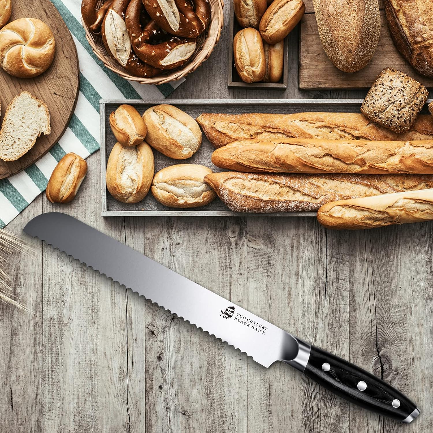 TUO Bread Knife, 9 inch Serrated Bread Cutting Knife, Multifunction Design for Sourdough Fruit, German High Carbon Stainless Steel with Full Tang Handle-Black Hawk Series - Image 4