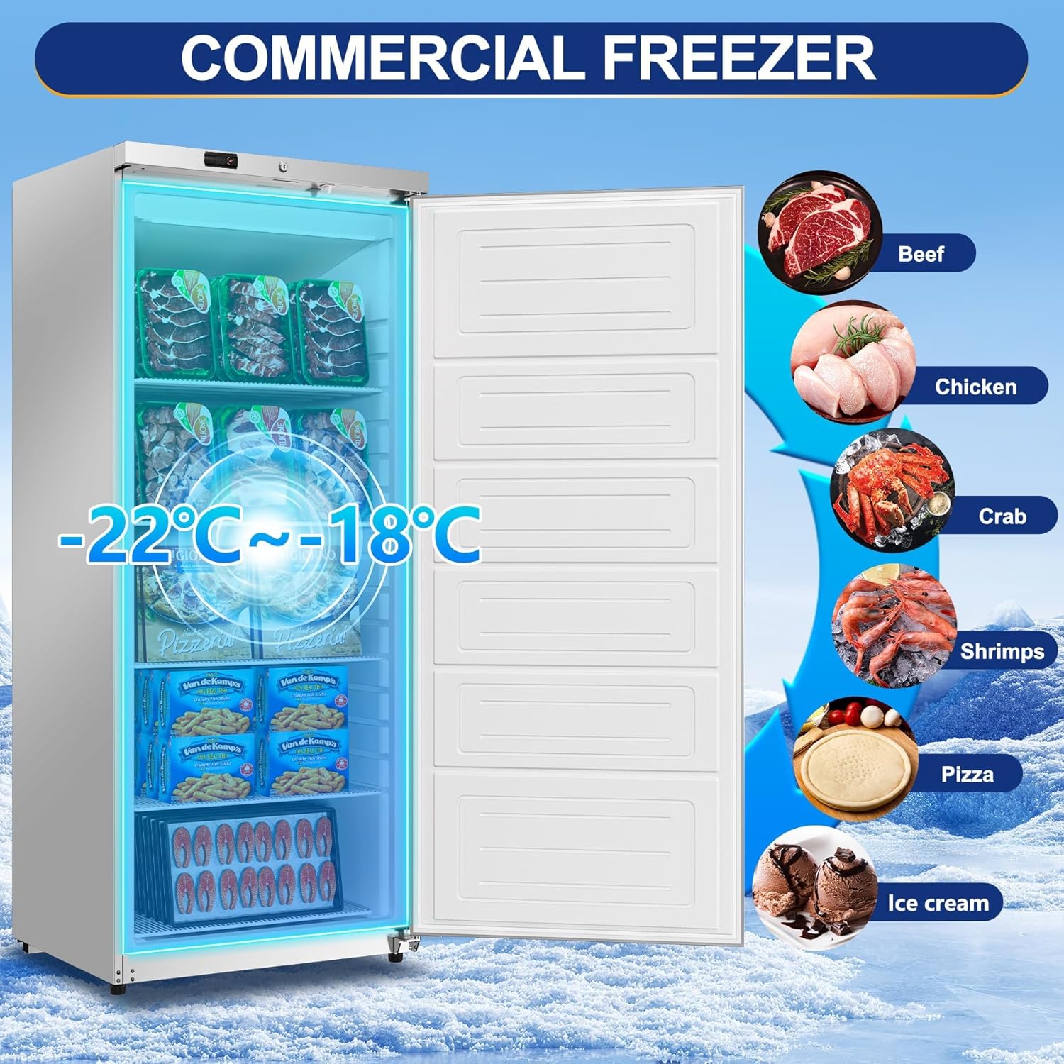Rockit 600L Commercial Upright Freezer, Single Door Stainless Steel Commercial Freezer with 4 Adjustable Shelves, -22°C to -18°C Fan Cooling Cabinet Freezer for Restaurant, Kitchen, Energy Class B - Image 2