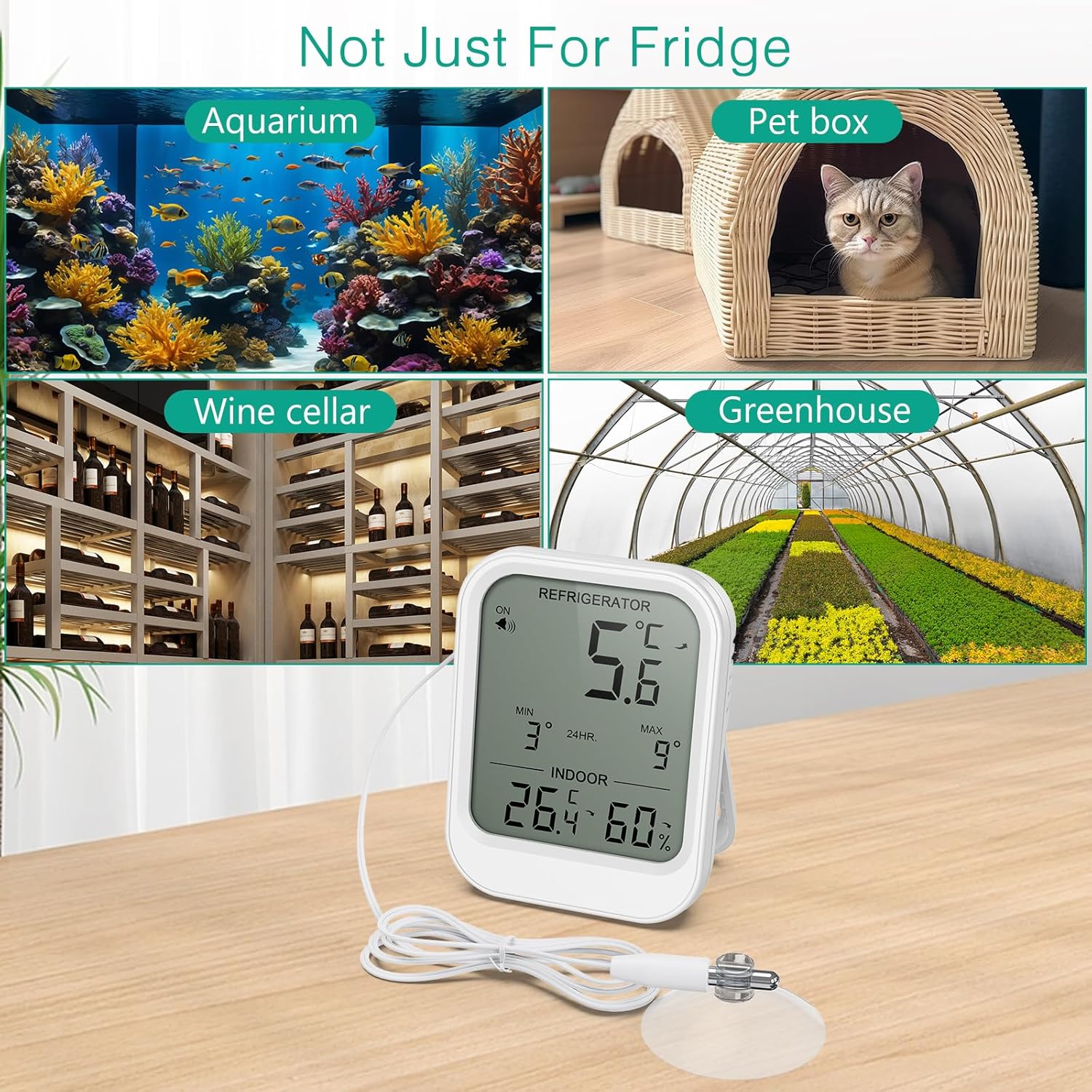 ORIA Refrigerator Thermometer with Waterproof Probe, Digital LCD Thermometer Temperature Monitor with Suction Cup, Temperature Alarm, Min/Max Value, 3 Mounting Options, for Fridge - Image 7