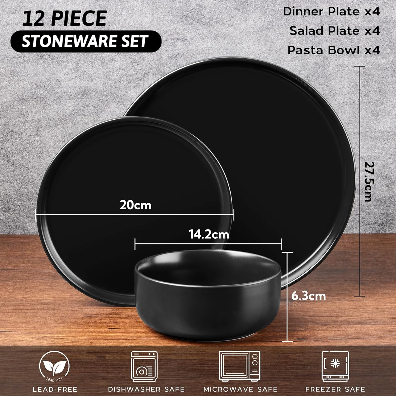 HaWare Dinner Set, 12 Piece Stoneware Dinnerware Service for 4, Elegant Matte Glaze Dining Ware Include Plates and Bowls, Chip and Scratch Resistant, Microwave & Dishwasher Safe, Matte Black - Image 2