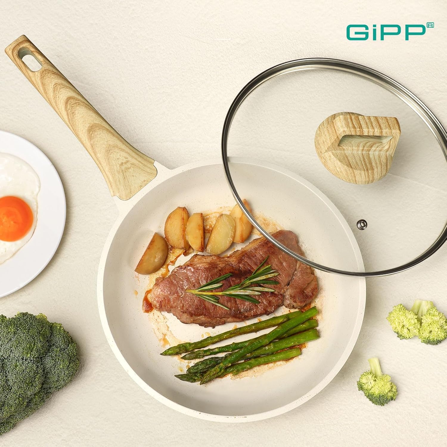 GiPP Nonstick Skillet Frying Pan with Lid,White Granite Non Stick Pans,Omelette Pan with Heat-Resistant Handle,Compatible with All Stovetops,PFOA Free (White, 28cm+Lid) - Image 7