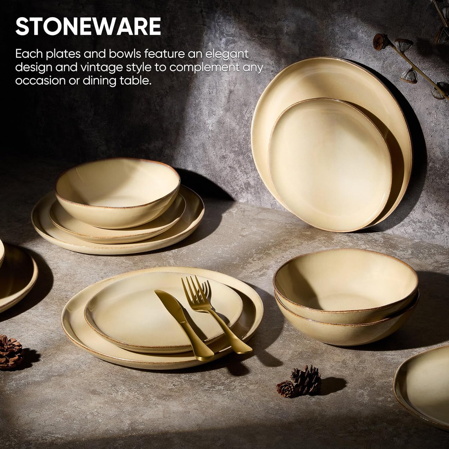 Homikit 12-Piece Dinner Set, Reactive Glaze Stoneware Dinnerware for 4 People, Irregular Shape Crockery with Plates and Bowls, Non-Toxic & Non-Scratch, Microwave and Dishwasher Safe - Caramel Dusk - Image 8