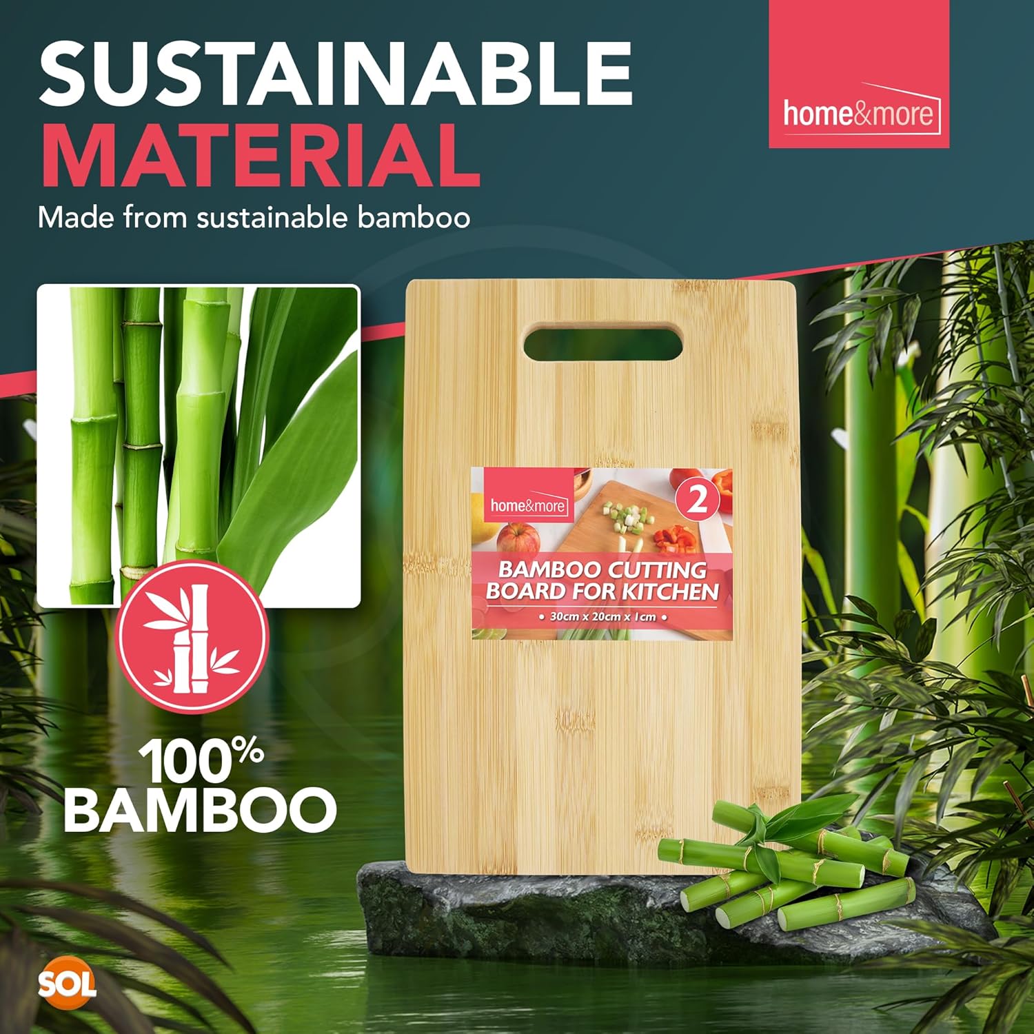 SOL 2pk Bamboo Cutting Board for Kitchen 30 x 20cm x 1cm Wooden Chopping Surface for Bread Meat Fruit and Vegetables Durable Serving Tray for Household Meal Preparation Everyday Use - Image 5