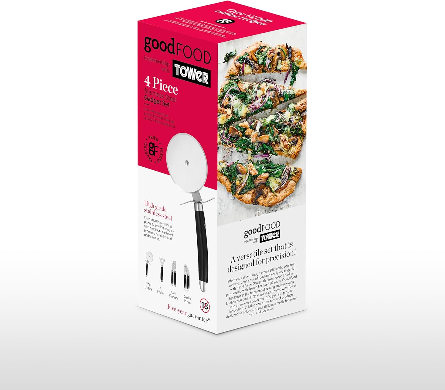 Good Food in Partnership with Tower 4Pc Gadget Set, Pizza Cutter, Y Peeler, Can Opener, Garlic Press, Stainless Steel Heads, Black, GF832253 - Image 10