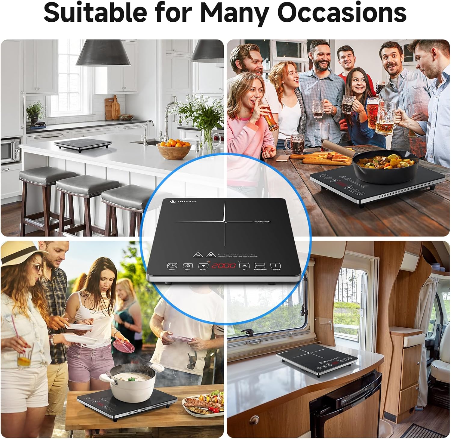AMZCHEF Single Induction Cooker, Ultra-thin Induction Hob with Fashion Look, 10-level Power and Temperature Control, Black Frosted Glass Panel, Touch Sensor, 3-hour Timer, Safety Lock - Image 9