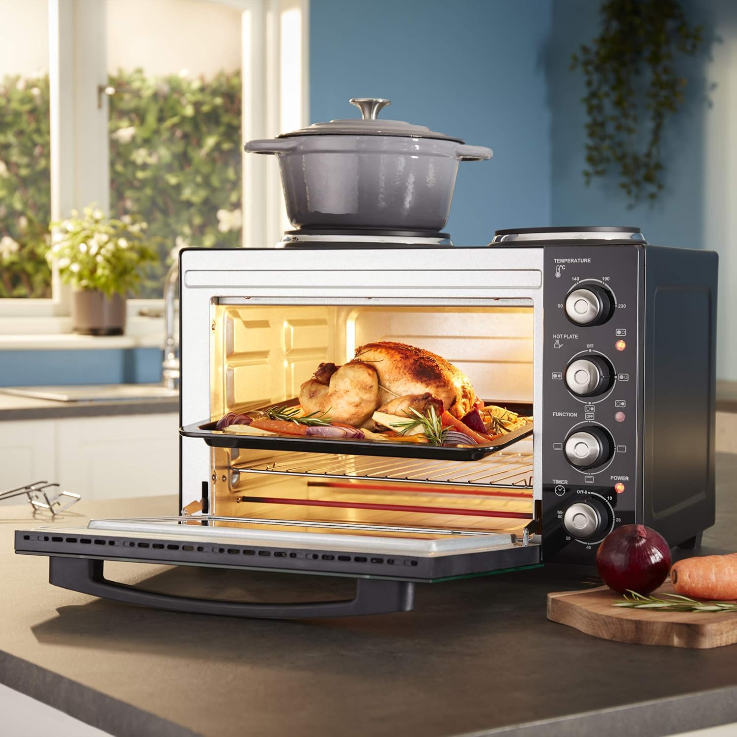 Cooks Professional Mini Portable Oven with Hobs | Energy Efficient Electric Countertop Cooker with Two Hot Plate Hobs & Wire Rack Baking Tray | Kitchen Table Ovens | 34L Capacity | Black and Silver - Image 3