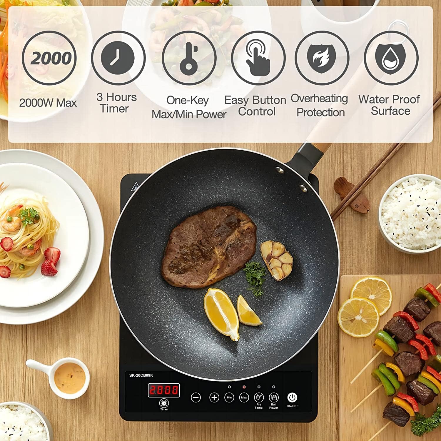 AMZCHEF Single Induction Hob, Portable Induction Hob, 10 Temperature Settings and Power levels from 300W to 2000W, Black Frosted Glass Panel,Sensitive Press Control, 3-hour Timer - Image 3