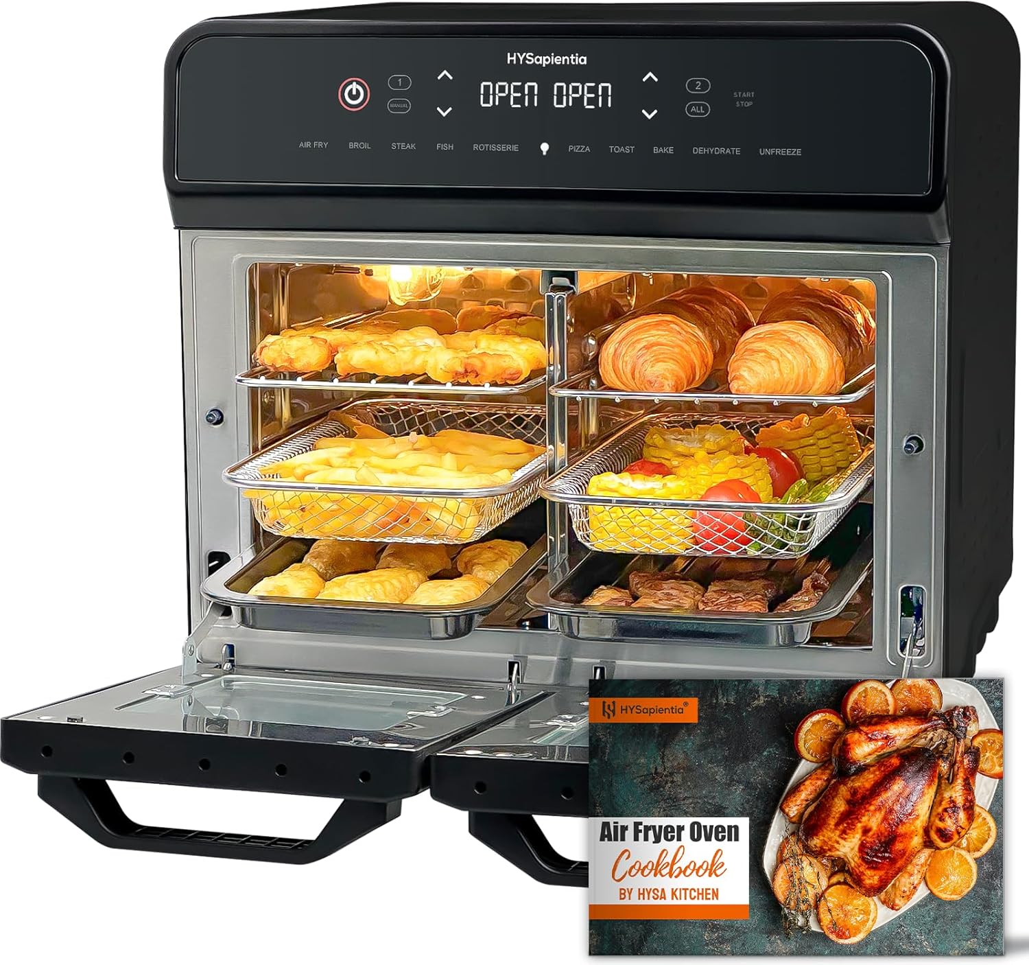 HYSapientia® 22L Dual Zone Air Fryer Oven With Rotisserie,Large Double Air fryers Mini Ovens Digital 2400W 10 in 1 Airfryer Countertop Convection Oven electric and grill,Stainless Steel,13 Accessories