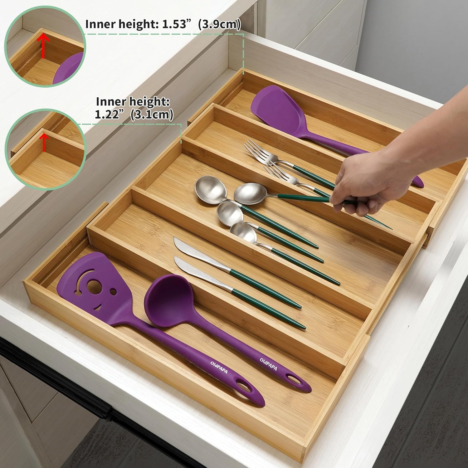 Utoplike Expandable Bamboo Drawer Organisers, Wooden Utensils Holder, Cutlery Tray Organiser, Adjustable Drawer Divider for Silverware, Flatware, Knives in Kitchen, Bedroom, Living Room - Image 2