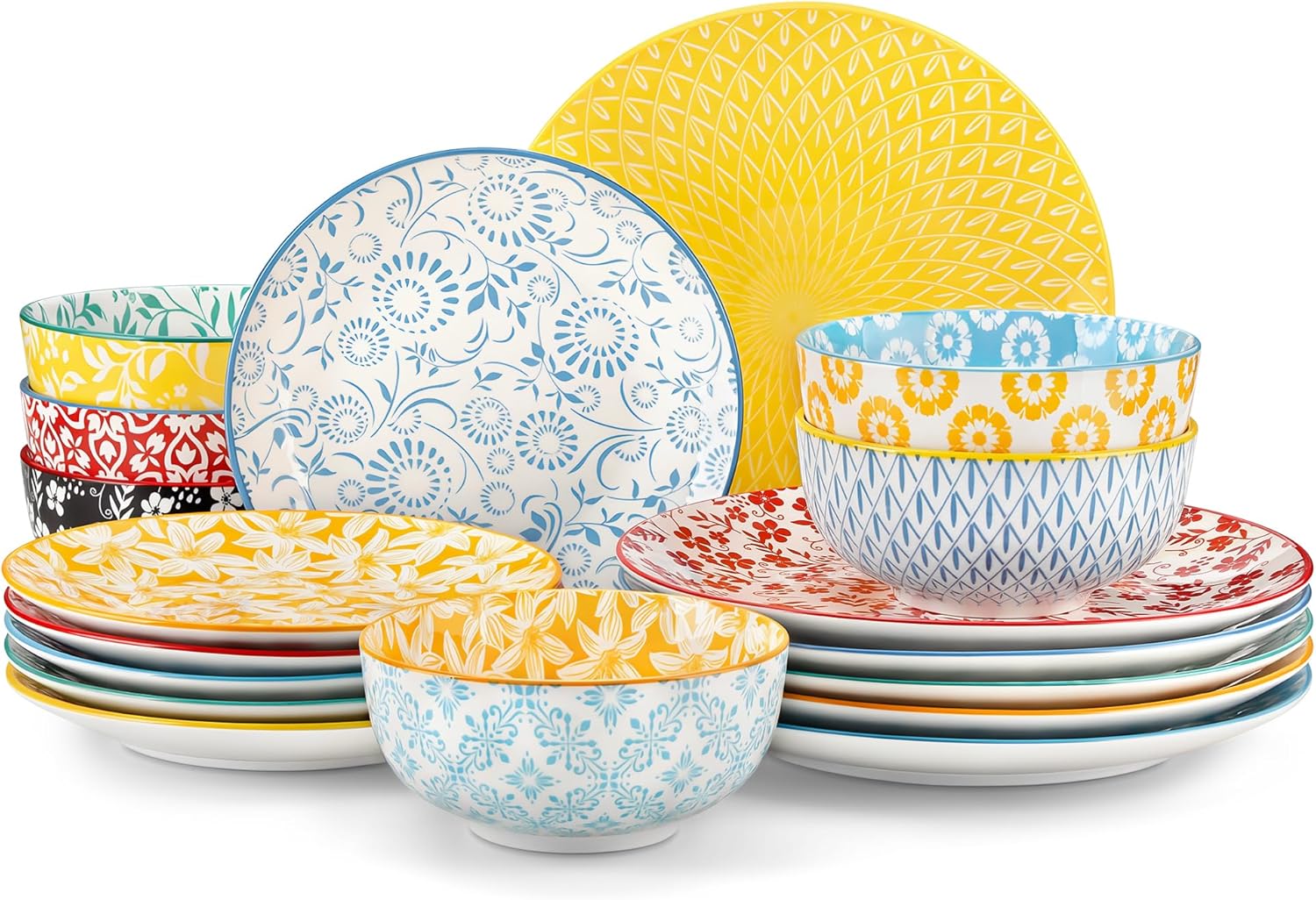 vancasso Selene Colorful Floral Porcelain Dinner Set for 6, 18 Pieces Stackable Plates and Bowls Set, Includes Dinner Plates/Dessert Plates/Cereal Bowls, Microwave & Dishwasher Safe for Everyday Use