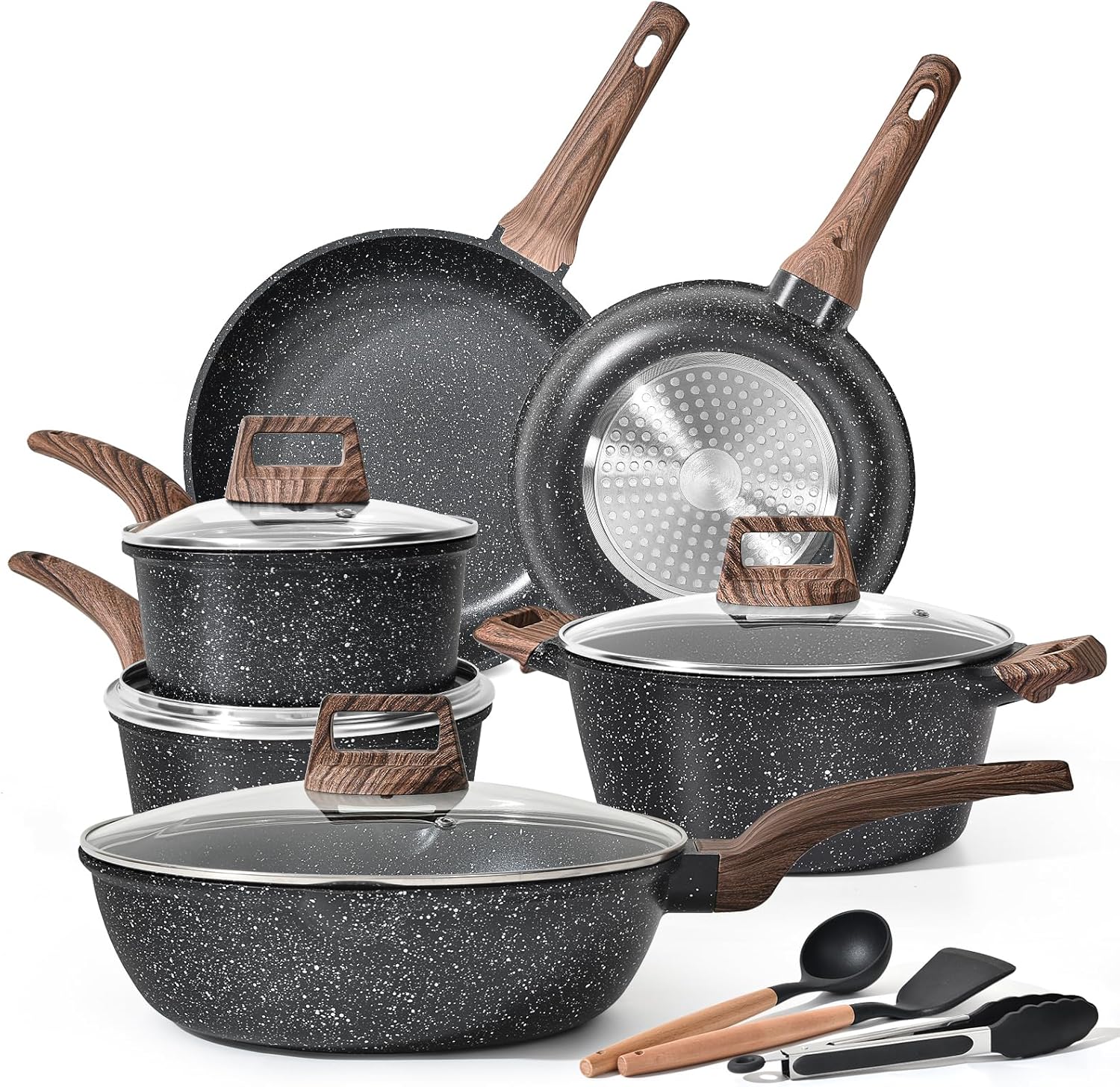 Terlulu Induction Hob Pots and Pans Set - 13pcs Nonstick Cooking Pans Set, Black Granite Cookware Set with Lid, Non Stick Saucepan Set, Frying Pan Set, PFAS PTFE PFOA PFOS Free