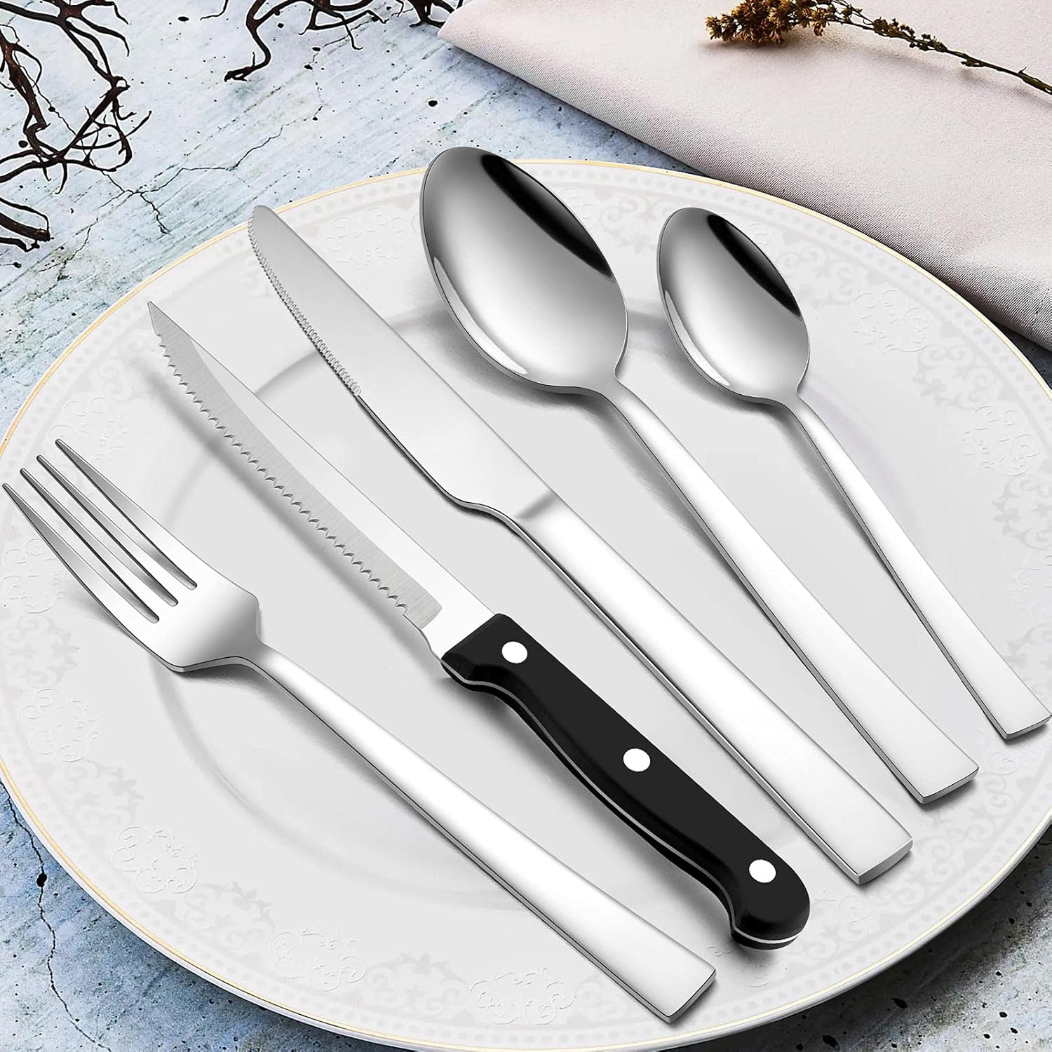 24 Piece Cutlery Set with 6 Piece Steak Knives, Homikit Stainless Steel Flatware Silverware Sets for 6 People, Elegant Tableware Set Included Knives Forks Spoons, Mirror Finished & Dishwasher Safe - Image 3