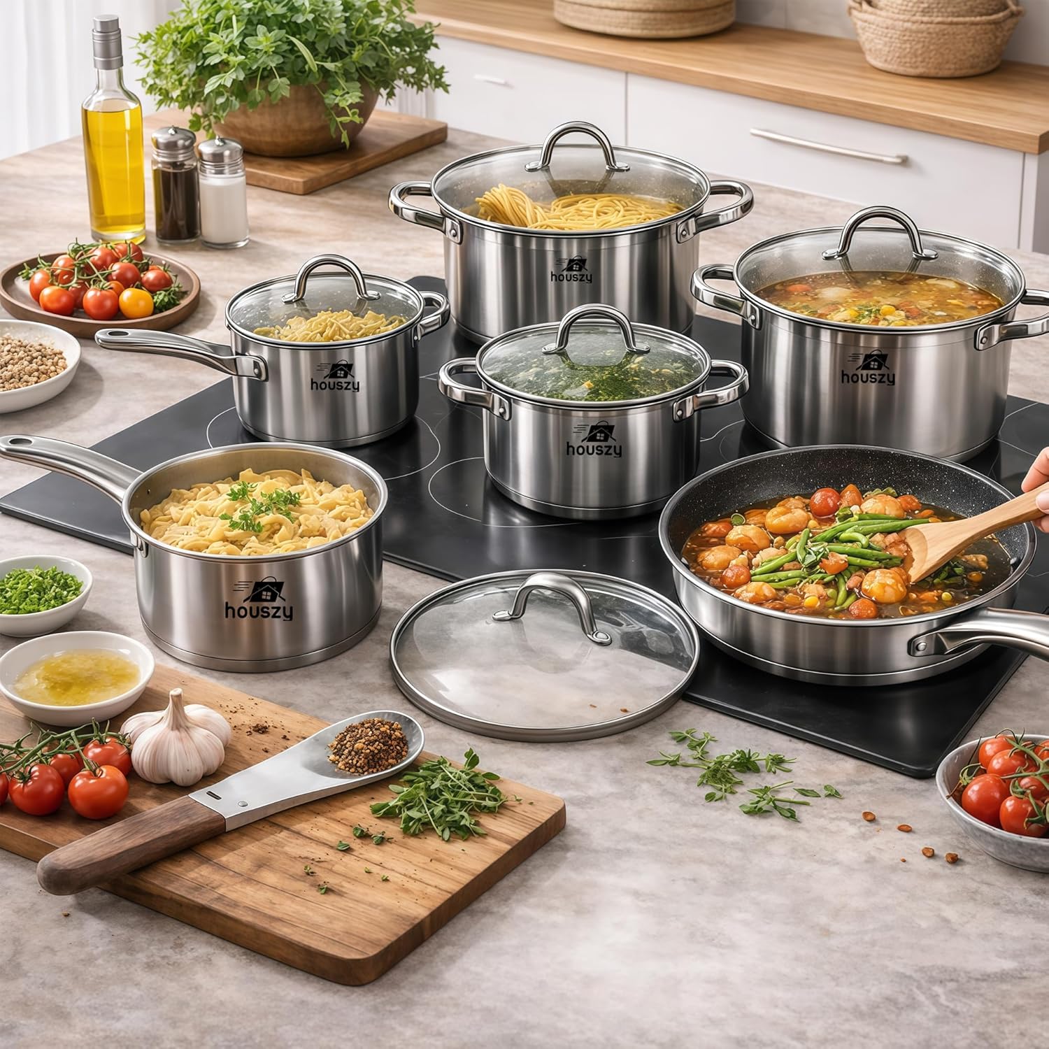 12PC Cookware Set - Saucepan Frying Pan Casserole Stainless Steel Cookware Non Stick Kitchenware Glass Lids Strong Quality Long Lasting & Durable - Image 3