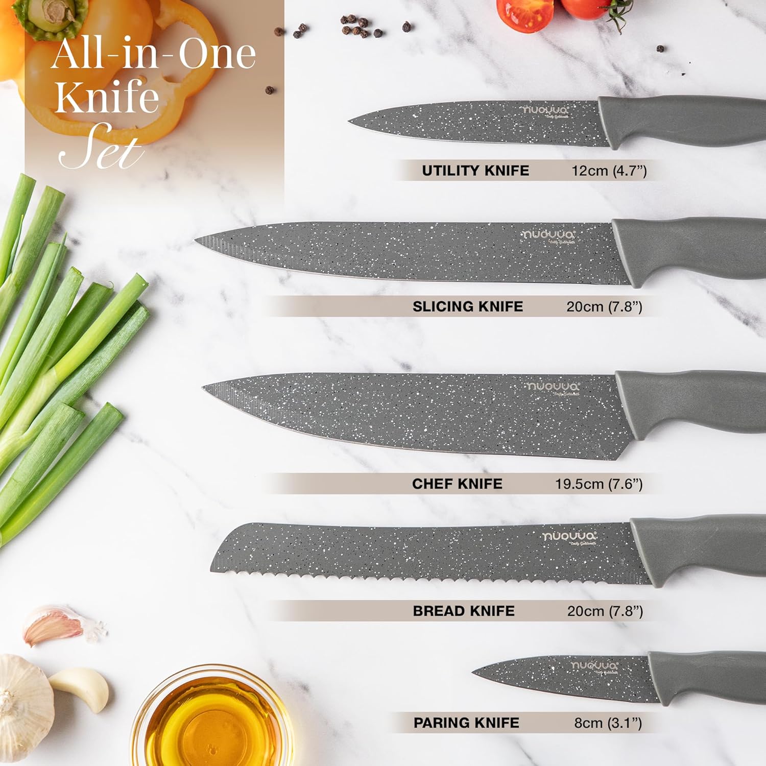 nuovva Professional Kitchen Knife Set – 5Pcs Stainless Steel Grey Granite Knife Set - Sharp & Non Stick Blades Lightweight – Chef, Bread, Utility, Filleting & Paring Tools - Image 2