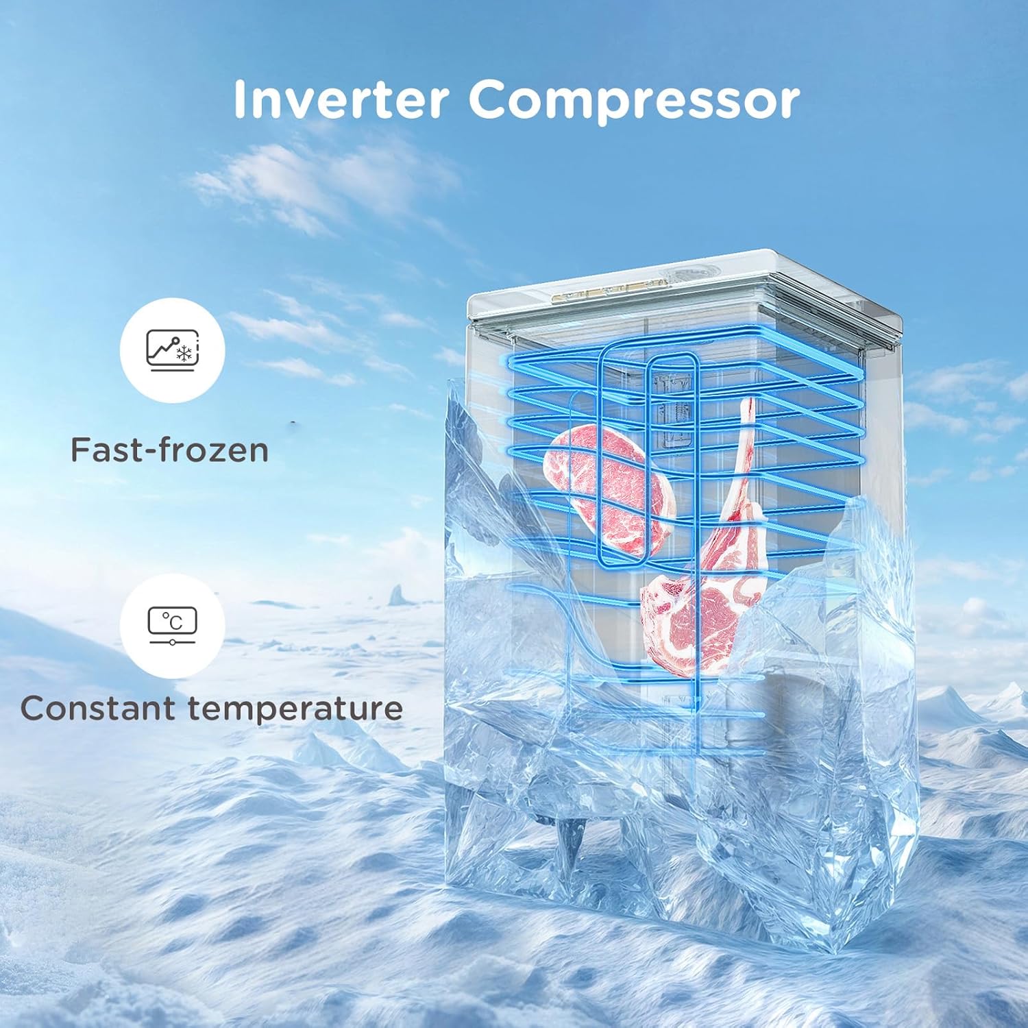 COMFEE' RCC146WH2UK(E) 143L Freestanding Chest Freezer, Refrigeration and Freezer Conversion, Inverter Compressor, 4 Star Freezer Rating, Quiet 37dB, Suitable for Outbuildings & Garages, White - Image 4
