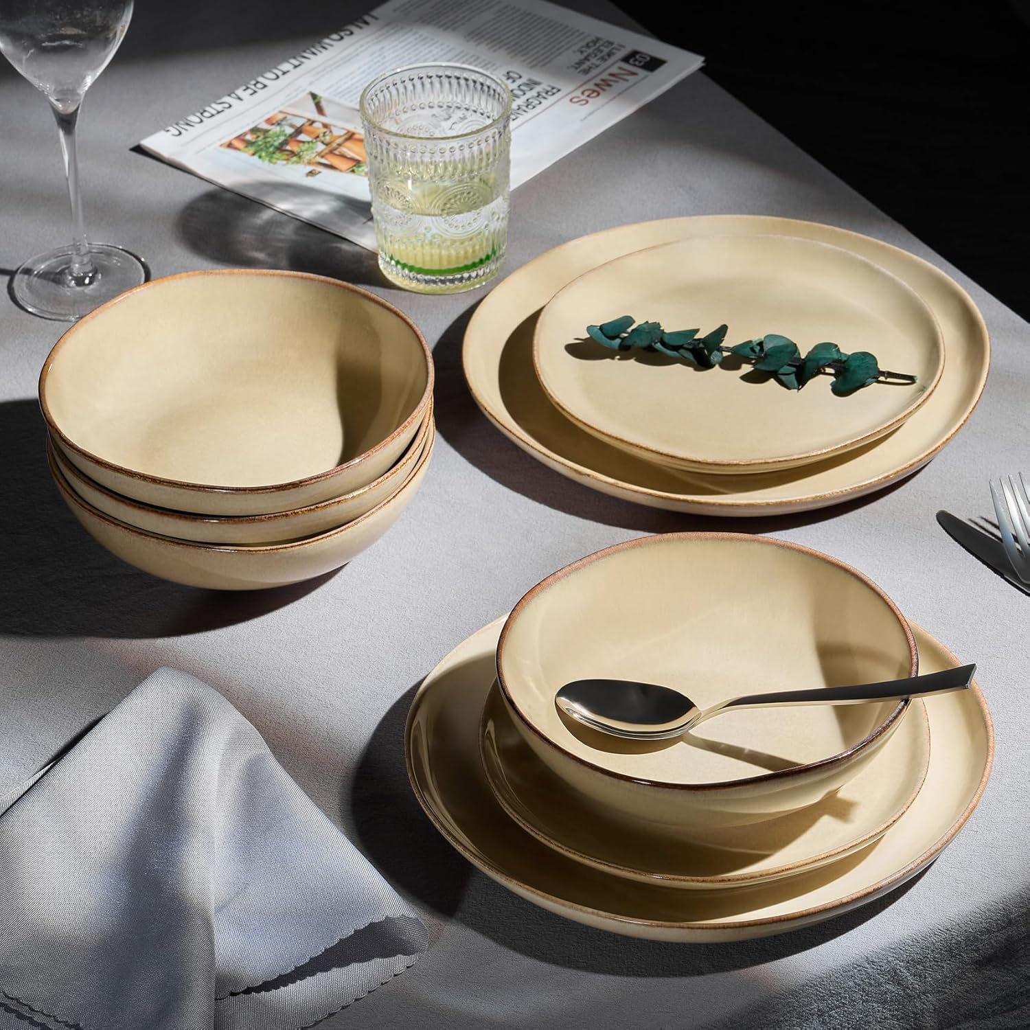 Homikit 12-Piece Dinner Set, Reactive Glaze Stoneware Dinnerware for 4 People, Irregular Shape Crockery with Plates and Bowls, Non-Toxic & Non-Scratch, Microwave and Dishwasher Safe - Caramel Dusk - Image 5