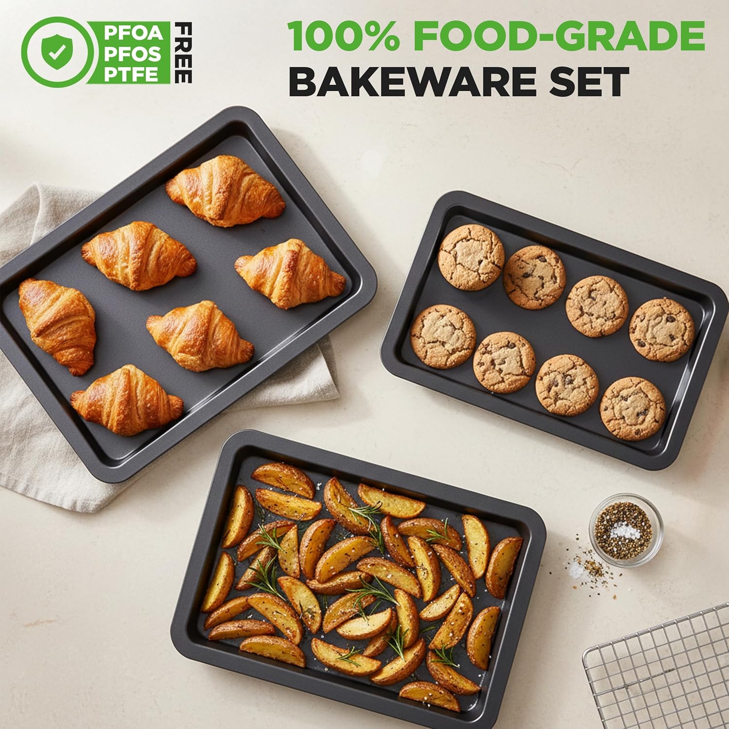 NutriChef Oven Tray Set Non Stick – 3 Piece Baking Tray Set for Oven, Heavy Duty Carbon Steel, Stackable Cookie Sheets | Small Medium Large Trays for Cooking & Baking - Image 5