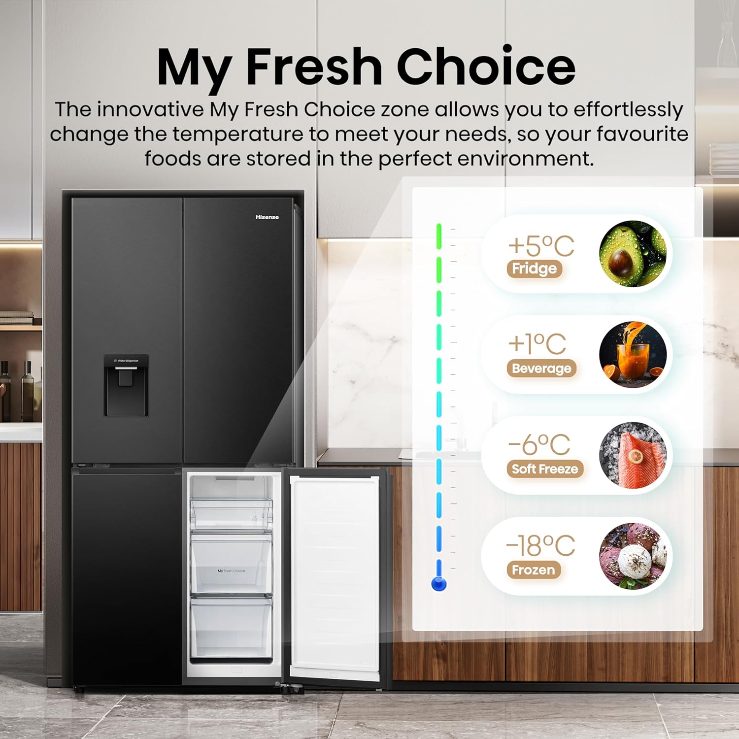 Hisense RQ5P470SMFE Wifi Connected American Fridge Freezer Cross Door with Water Dispenser, No Frost, 482 liters, Black Stainless Steel - E Rated, Noise level: 37 decibels, H178.5 x W79.4 x D69.8 (cm) - Image 5