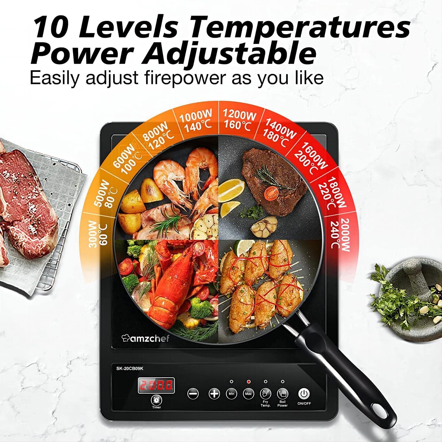 AMZCHEF Single Induction Hob, Portable Induction Hob, 10 Temperature Settings and Power levels from 300W to 2000W, Black Frosted Glass Panel,Sensitive Press Control, 3-hour Timer - Image 4