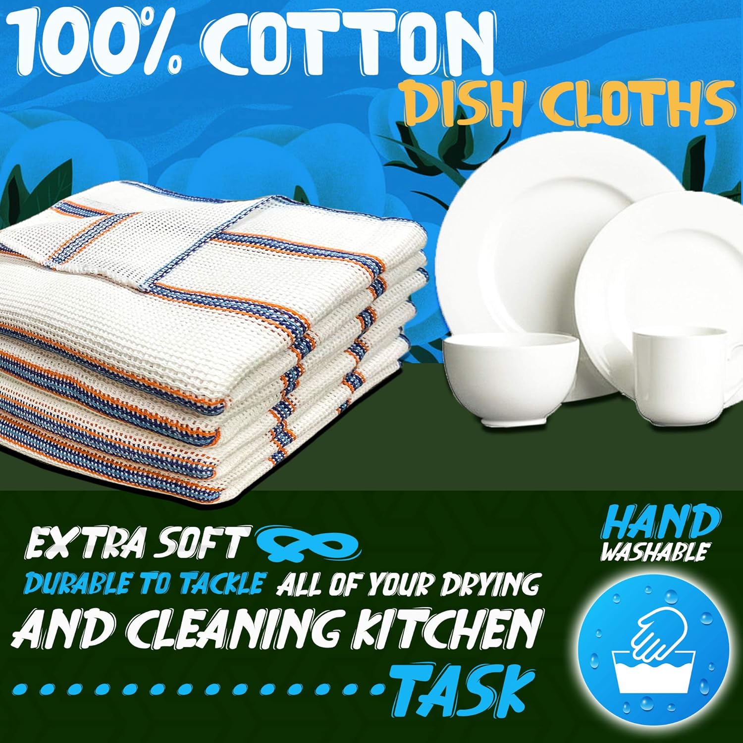 Towelogy® 5 Pack Cotton Dish Cloths Waffle Weave White Super Absorbent LINT FREE QUICK DRY Striped Kitchen Tea Towels Dishcloths for Washing Up Machine Washable 35x40cm (White Blue/Orange Stripes) - Image 5
