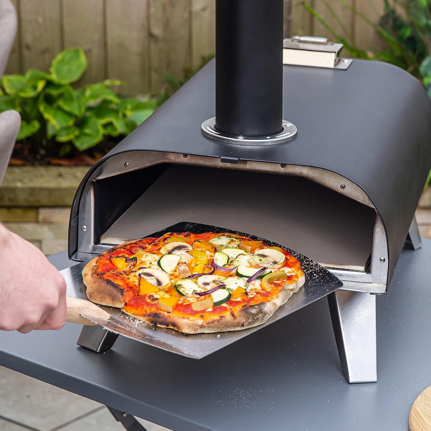 Zanussi ZPO1BPC Outdoor 12 Inch Wood Pellet Portable Wood Fired Pizza Oven with Paddle and Cover in Black, BBQ Oven & Smoker, Stainless Steel Foldable Legs - Image 9