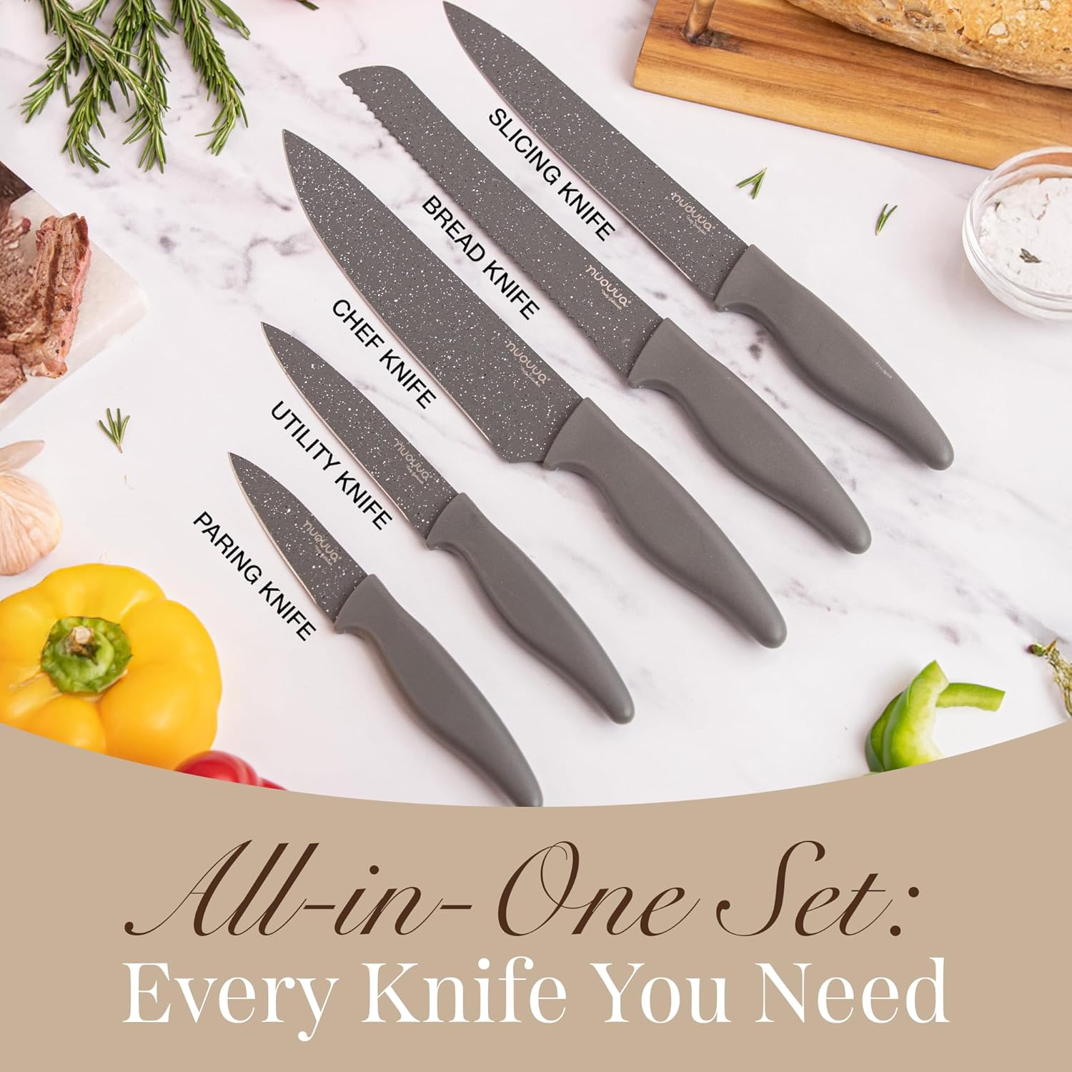nuovva Professional Kitchen Knife Set – 5Pcs Stainless Steel Grey Granite Knife Set - Sharp & Non Stick Blades Lightweight – Chef, Bread, Utility, Filleting & Paring Tools - Image 8